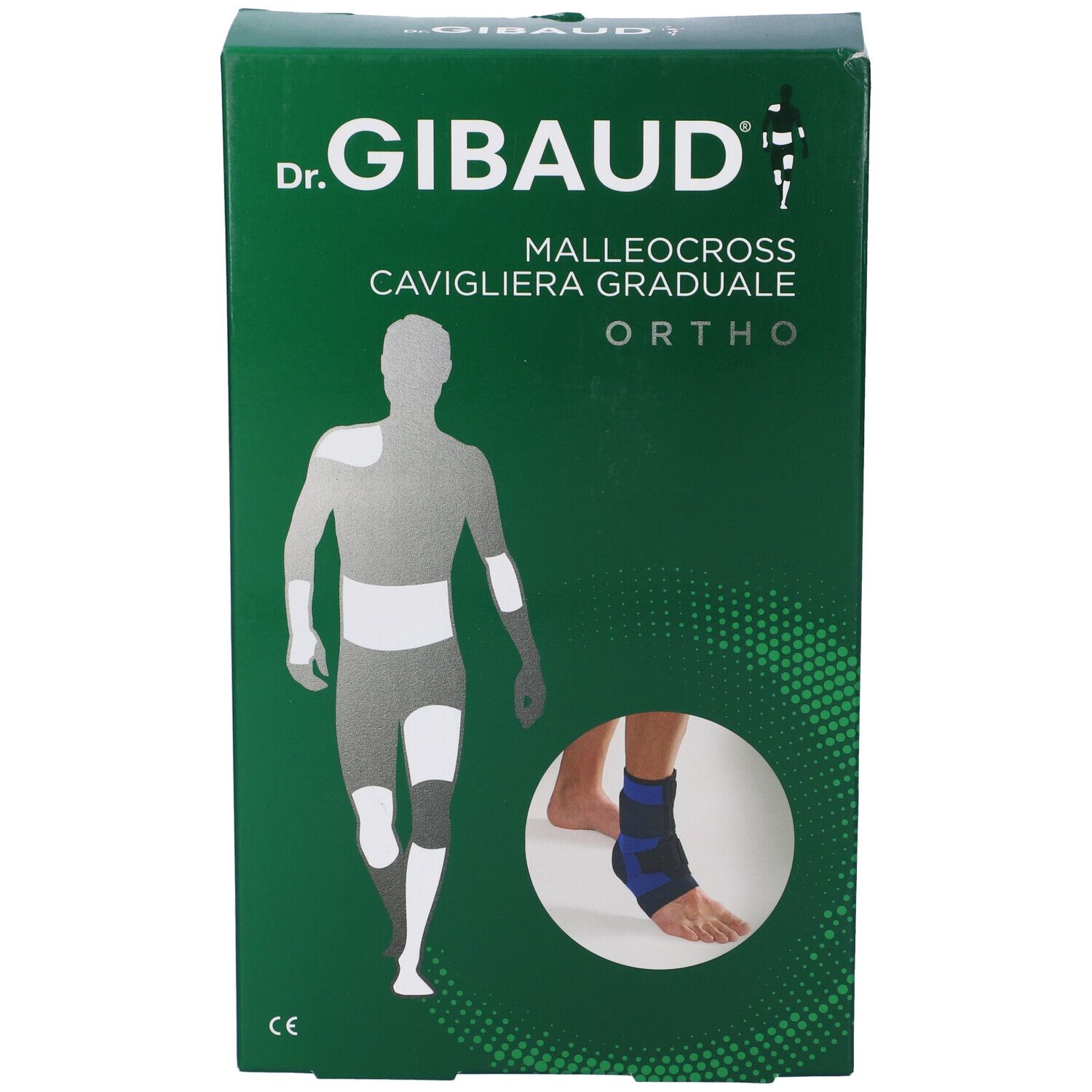 Confezione verde con immagine cavigliera. Testo: Dr. Gibaud, Malleocross, Ortho.