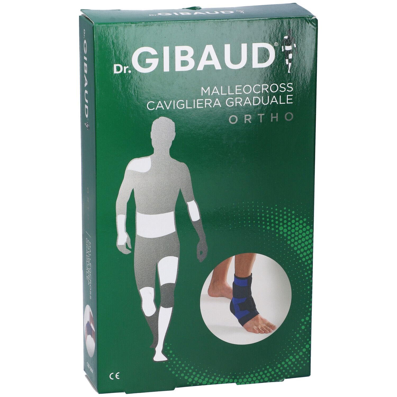 Confezione verde con immagine cavigliera. Testo: Dr. Gibaud, Malleocross, Ortho.