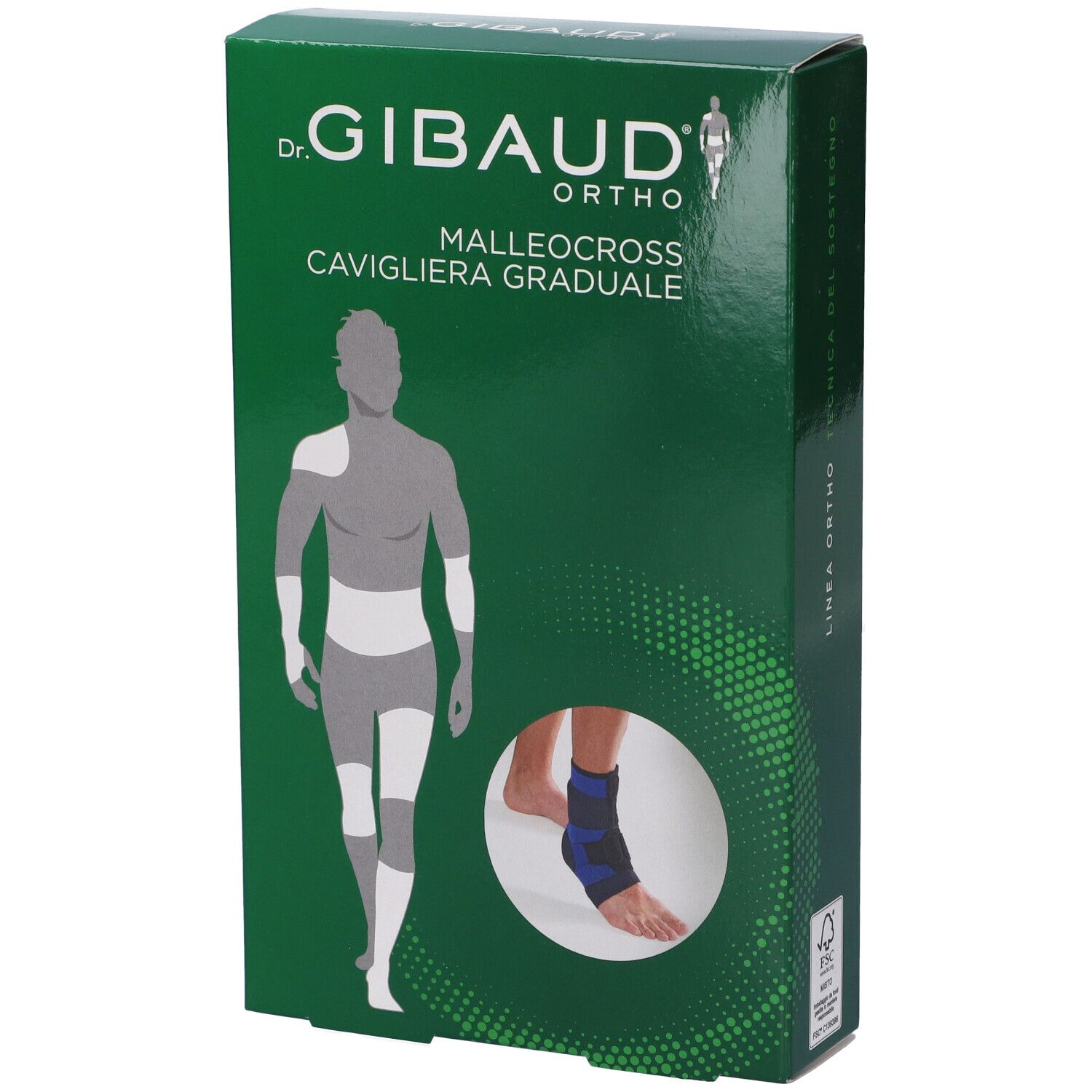 Verpackung einer graduellen Knöchelbandage mit Abbildung eines Fußes und eines Mannes.