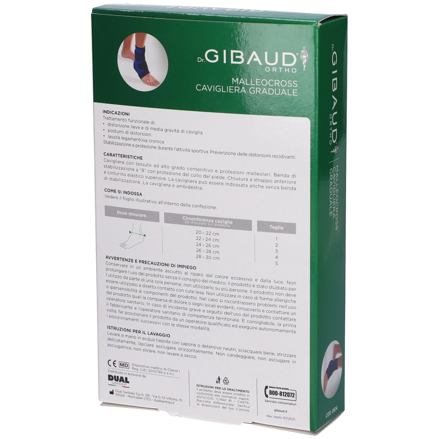 Rückseite der Verpackung einer graduellen Knöchelbandage mit Anwendungshinweisen und Größentabelle.
