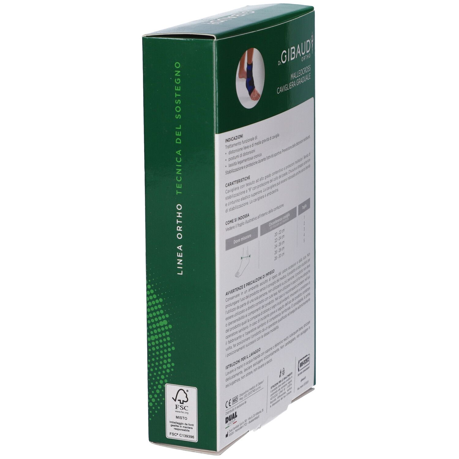 Seitenansicht der Verpackung einer graduellen Knöchelbandage mit Text und FSC-Logo.
