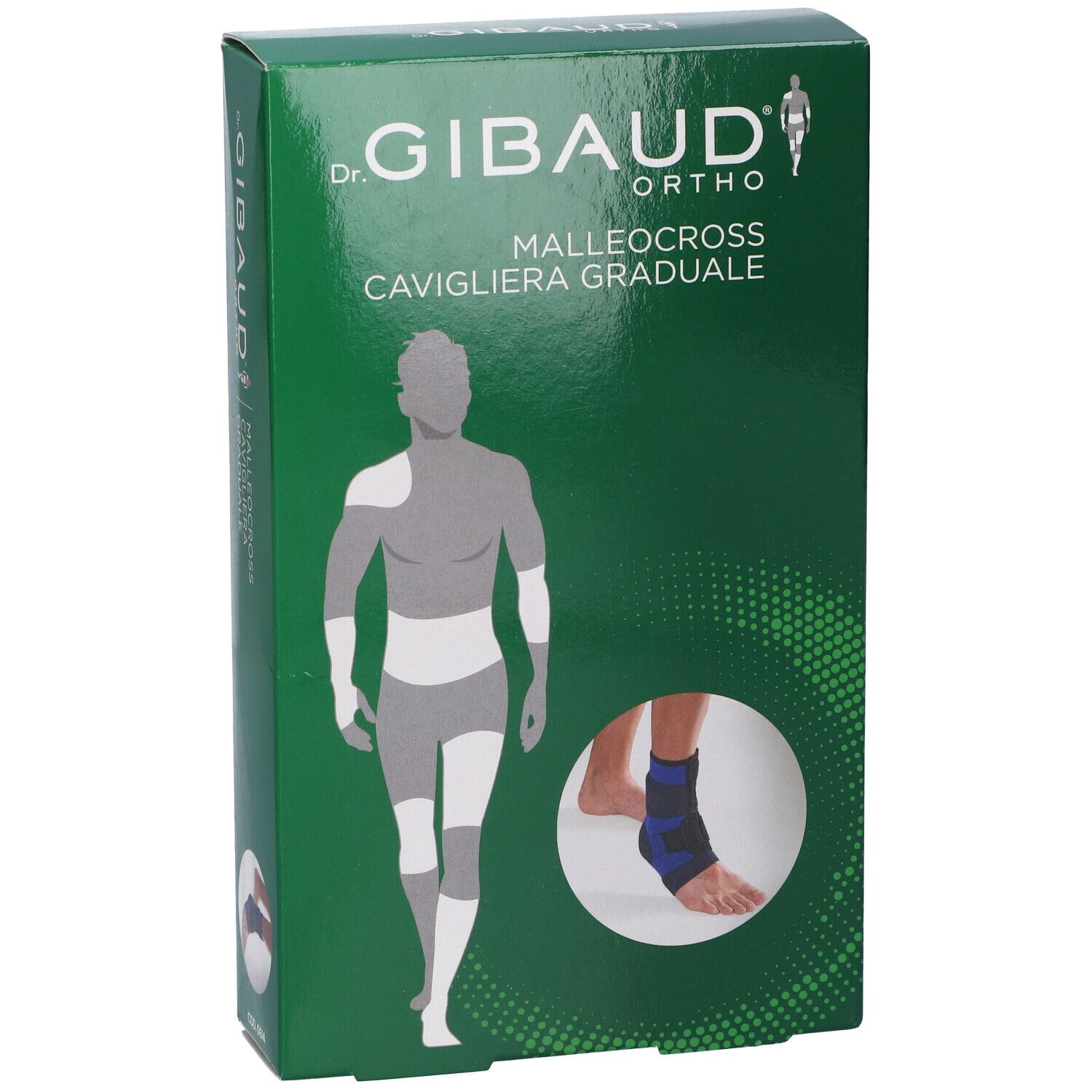 Vorderseite der Verpackung einer graduellen Knöchelbandage mit Abbildung eines Fußes und eines Mannes.