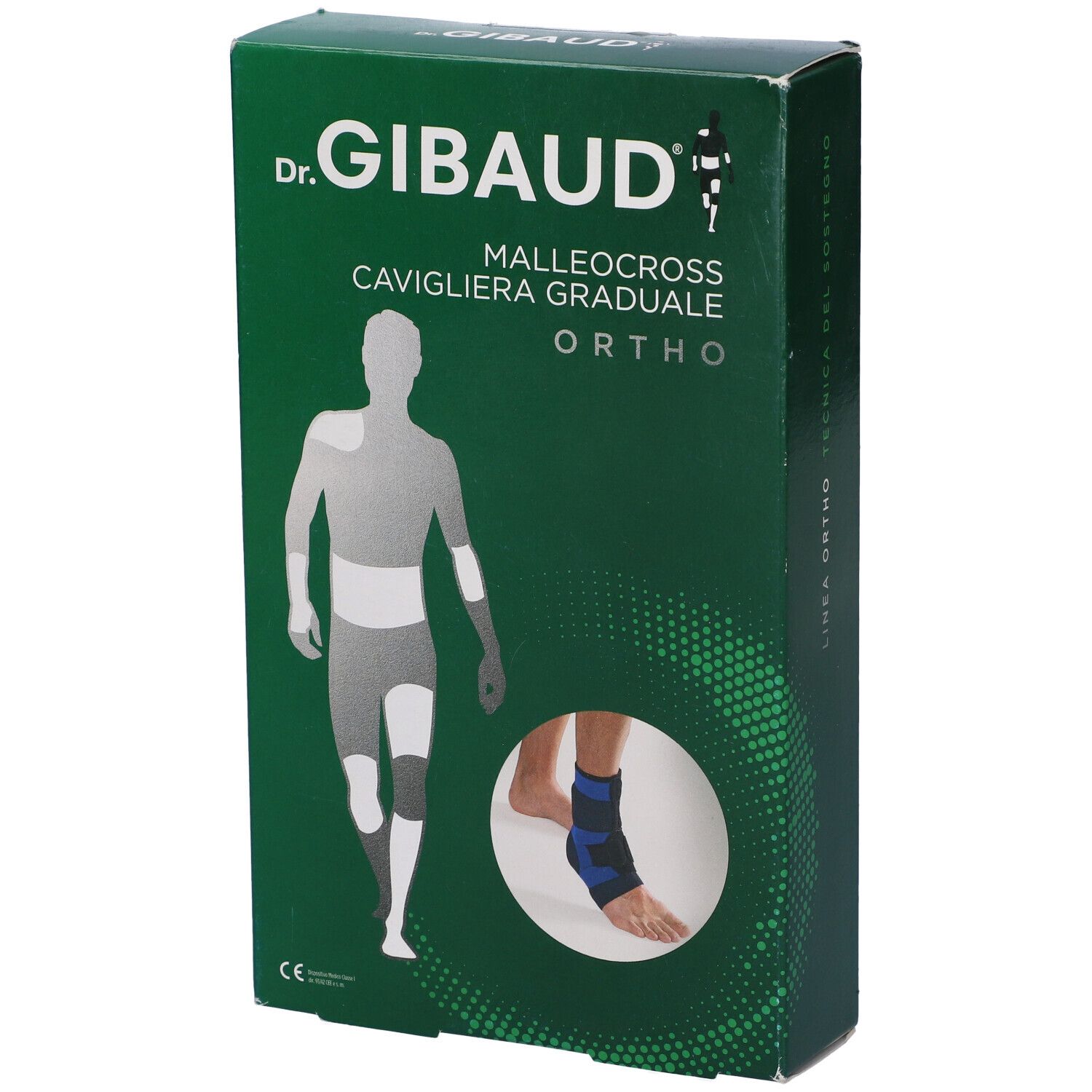 Scatola verde. Dr. Gibaud Malleocross Cavigliera Graduale Ortho. Illustrazione di un piede con tutore alla caviglia.