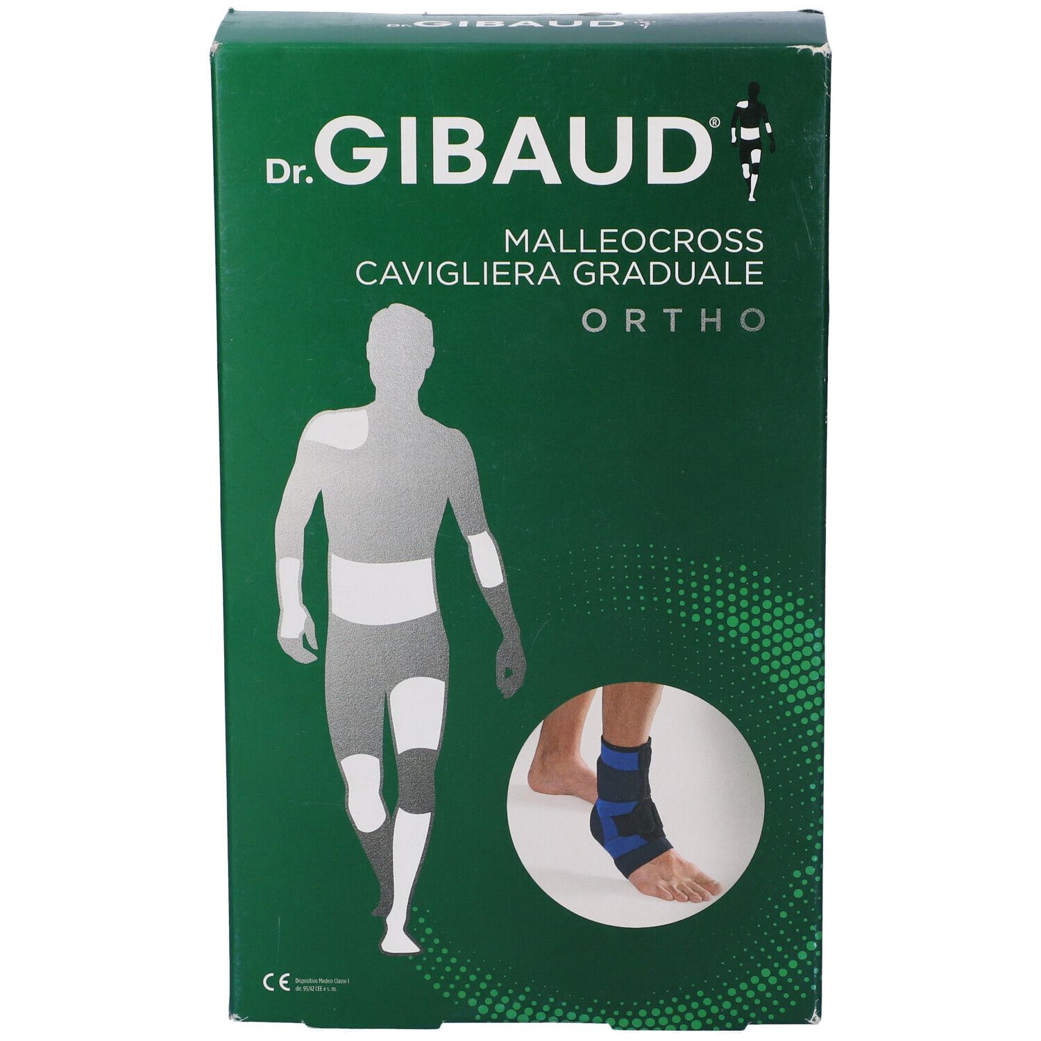 Scatola verde. Dr. Gibaud Malleocross Cavigliera Graduale Ortho. Illustrazione di un piede con tutore alla caviglia.