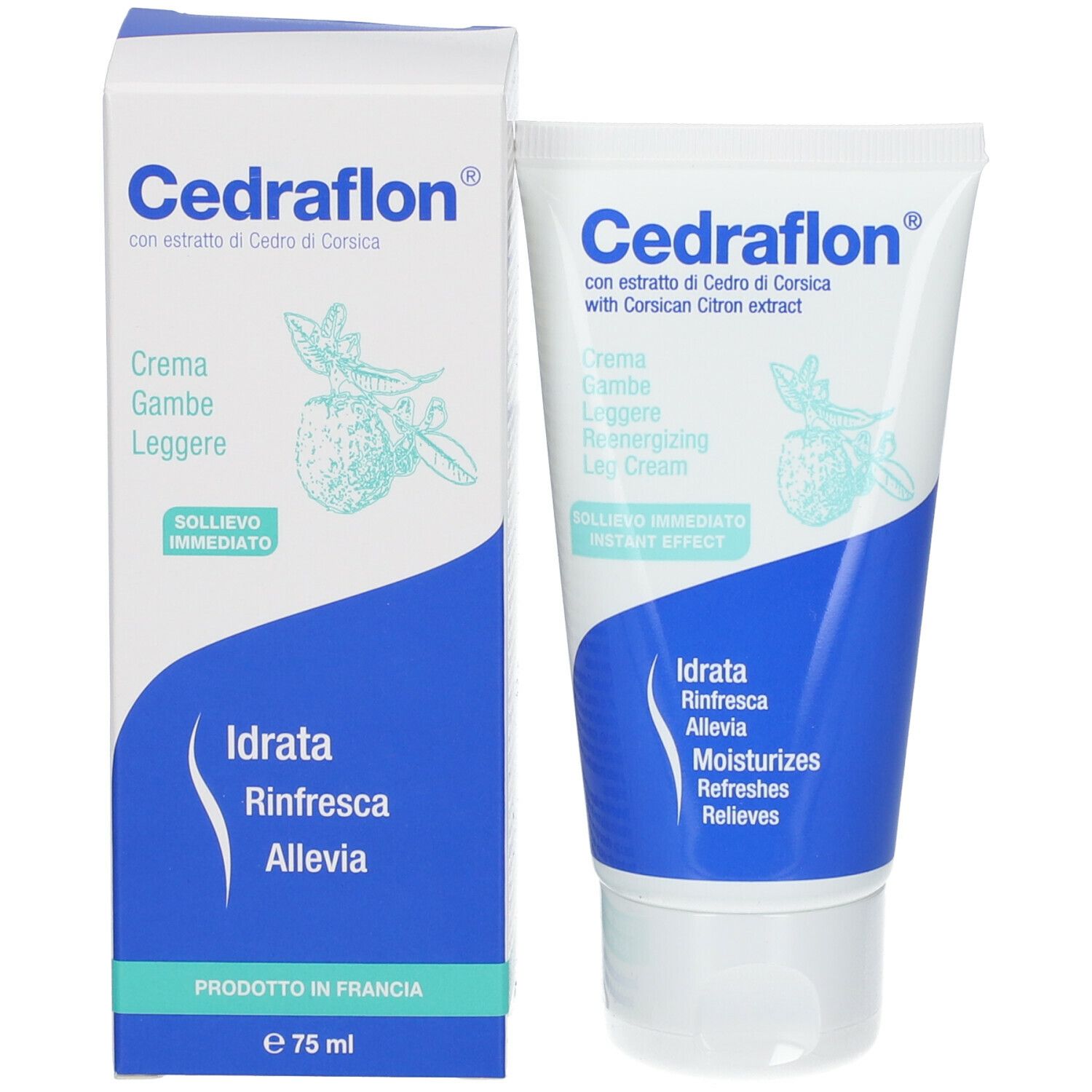 Crema Cedraflon® e confezione. Tubo e scatola bianchi con design blu. Nome del prodotto e testo in italiano.