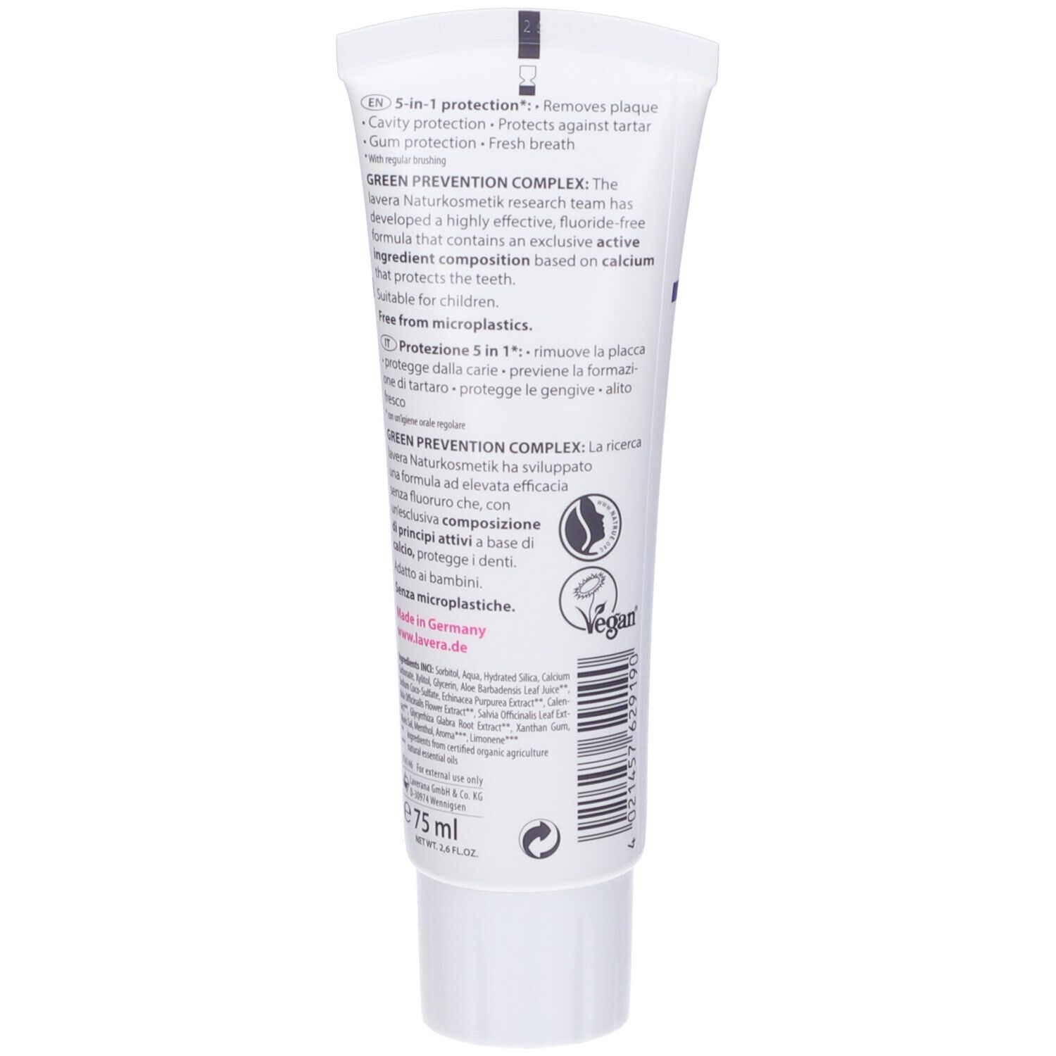 Retro del tubo di dentifricio Lavera. Testo in tedesco, inglese, italiano. Sigillo vegano. Volume: 75 ml.
