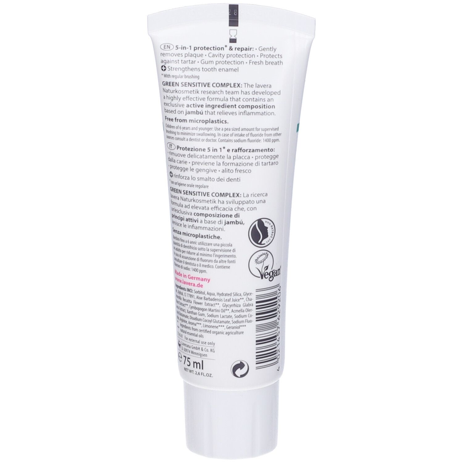 Retro del tubo di dentifricio Lavera Sensitiv & Repair. Testo multilingue. Contiene informazioni e ingredienti.
