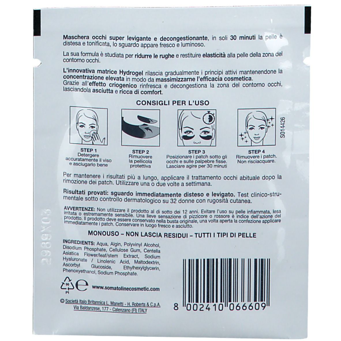 Retro della confezione della maschera occhi. Testo e illustrazioni per l'uso. Contiene ingredienti e informazioni del produttore.