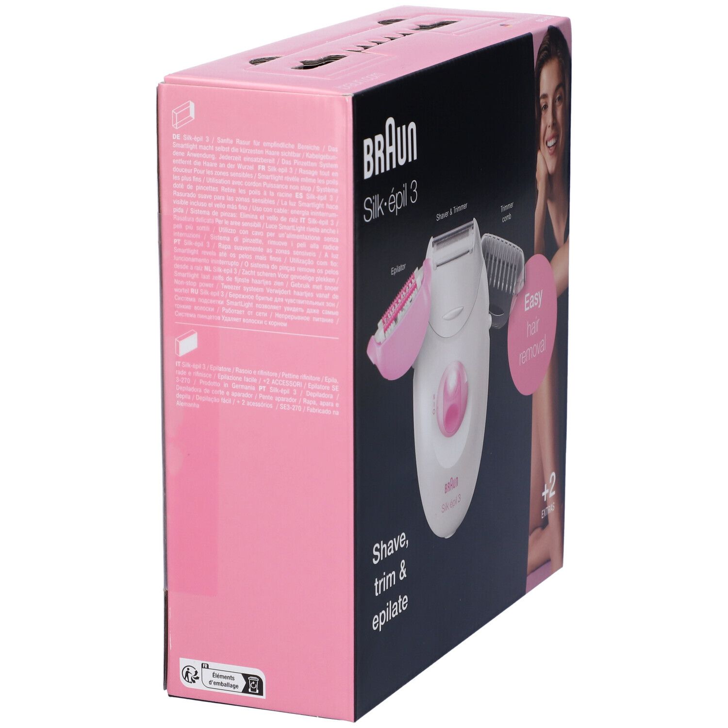 Confezione Braun Silk-épil 3. Scatola rosa e bianca. Immagine del prodotto e testo.
