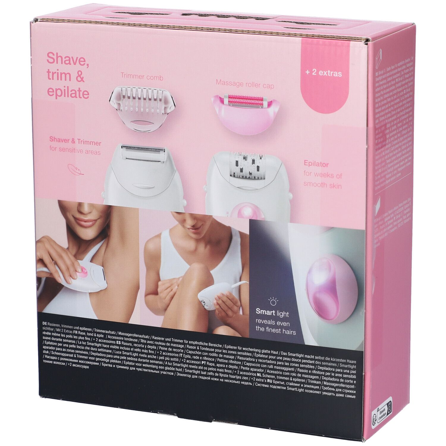 Confezione Braun Silk-épil 3. Immagini dell'epilatore e accessori. Testo: "Shave, trim & epilate".