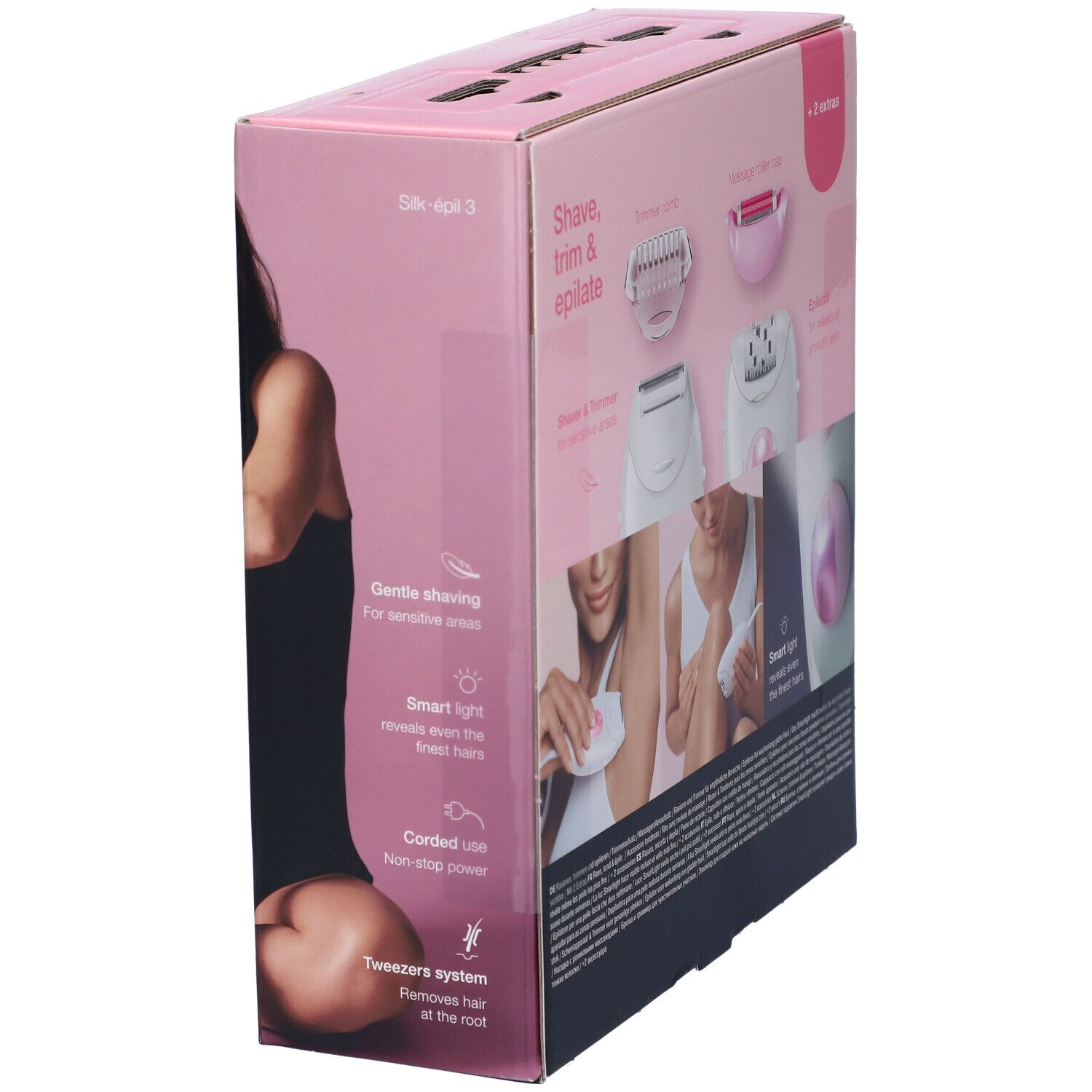 Confezione Braun Silk-épil 3. Scatola rosa e bianca. Immagine del prodotto e testo.