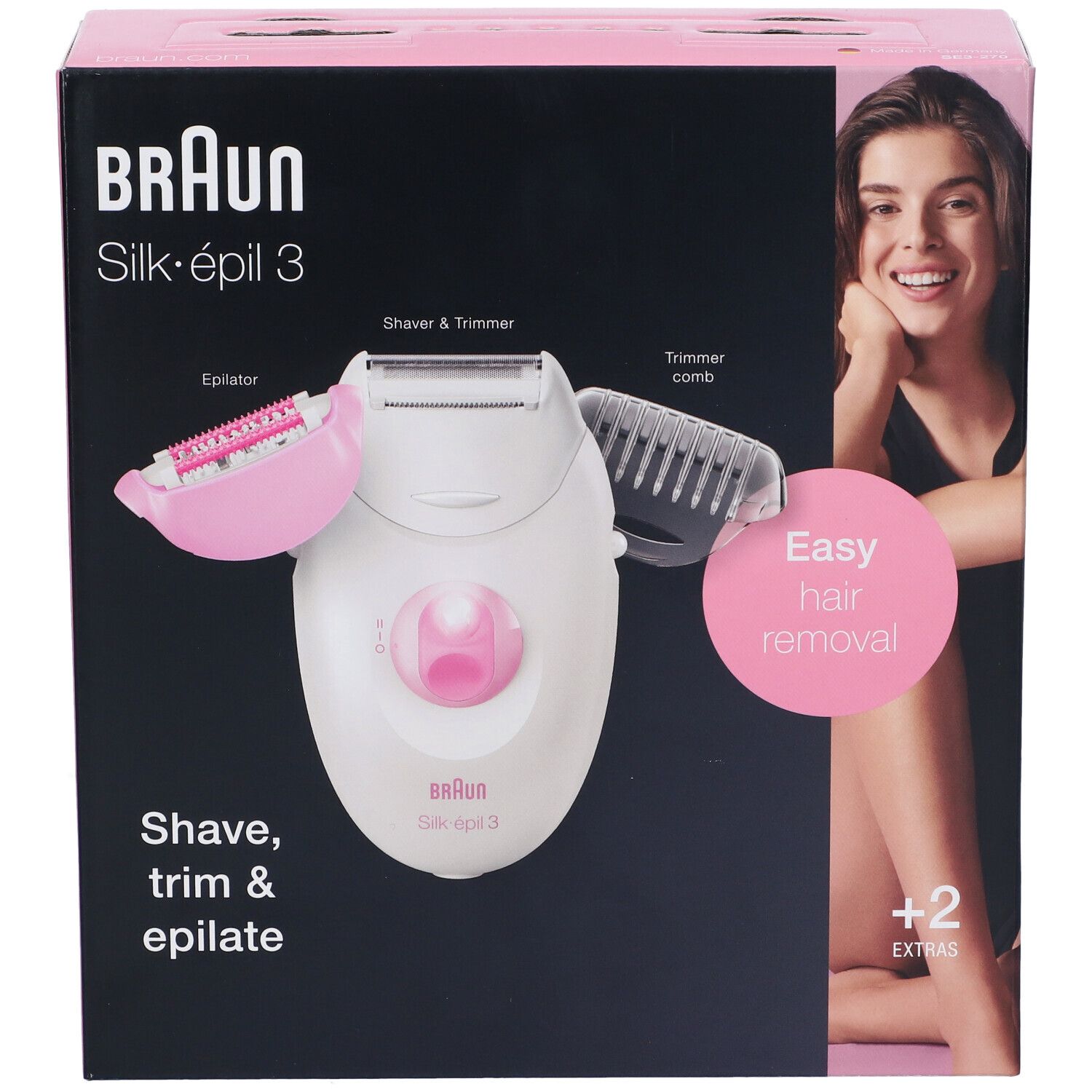 Confezione Braun Silk-épil 3. Epilatore e accessori in mostra. Scritta "Easy hair removal".