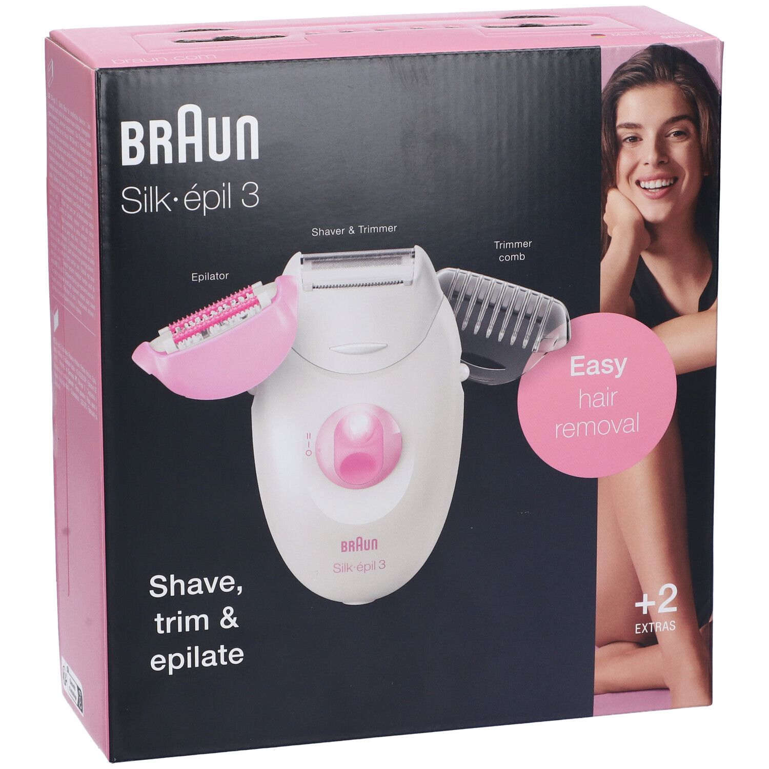 Confezione Braun Silk-épil 3. Epilatore e accessori in mostra. Scritta "Easy hair removal".