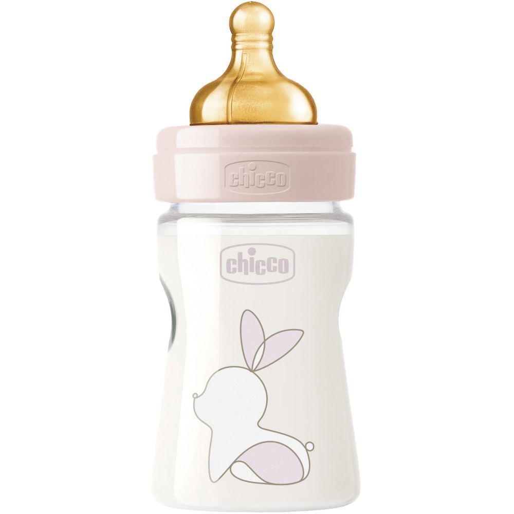 Biberon rosa e oro, con disegno di coniglio. Marchio Chicco visibile.