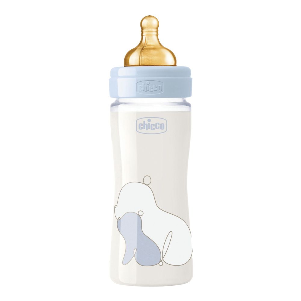 Biberon con tappo blu e tettarella gialla. Due animali disegnati sul biberon. Marchio Chicco.