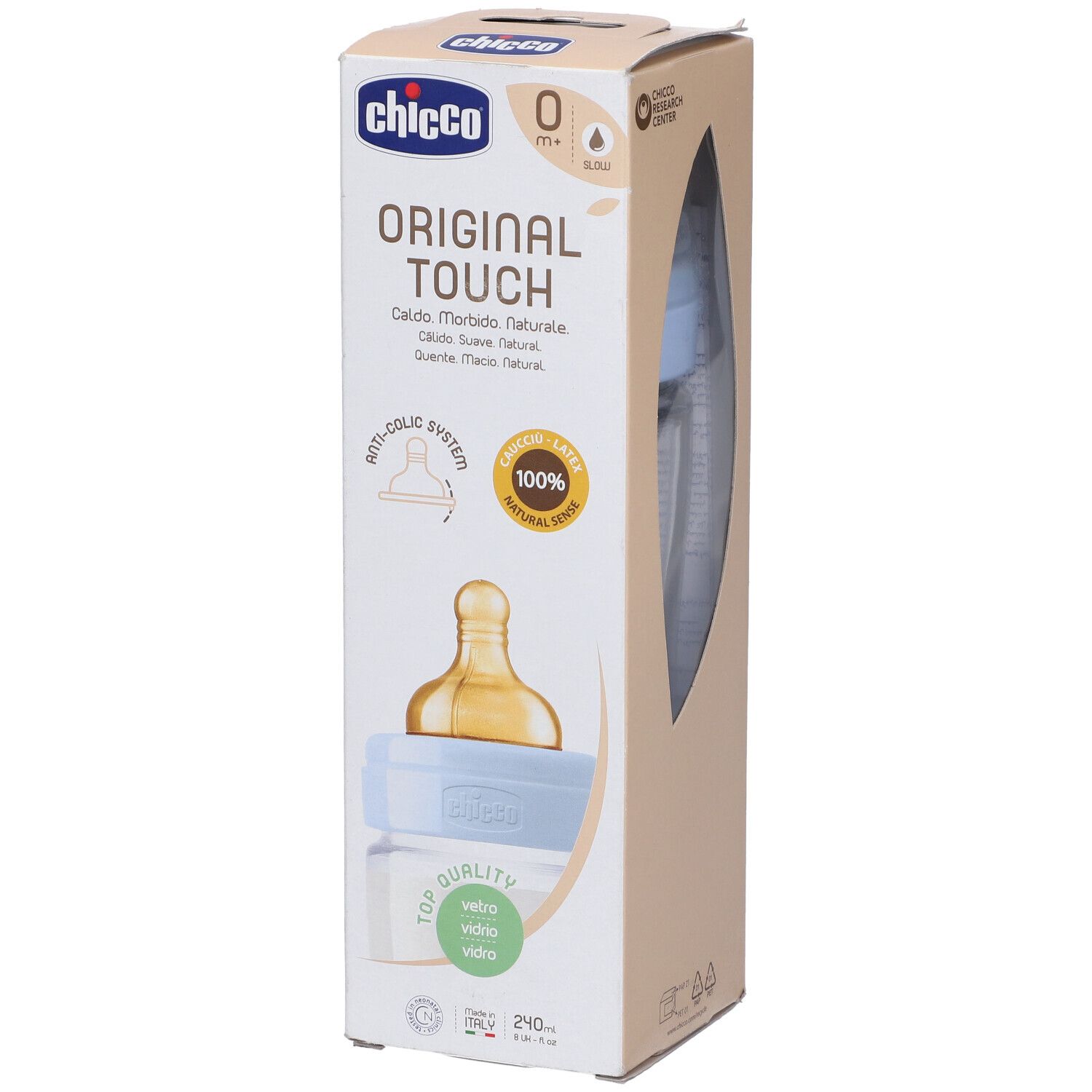 Confezione del biberon. Scritte: Chicco, Original Touch, 100% Natural Sense, Anti-colic System. Biberon visibile.