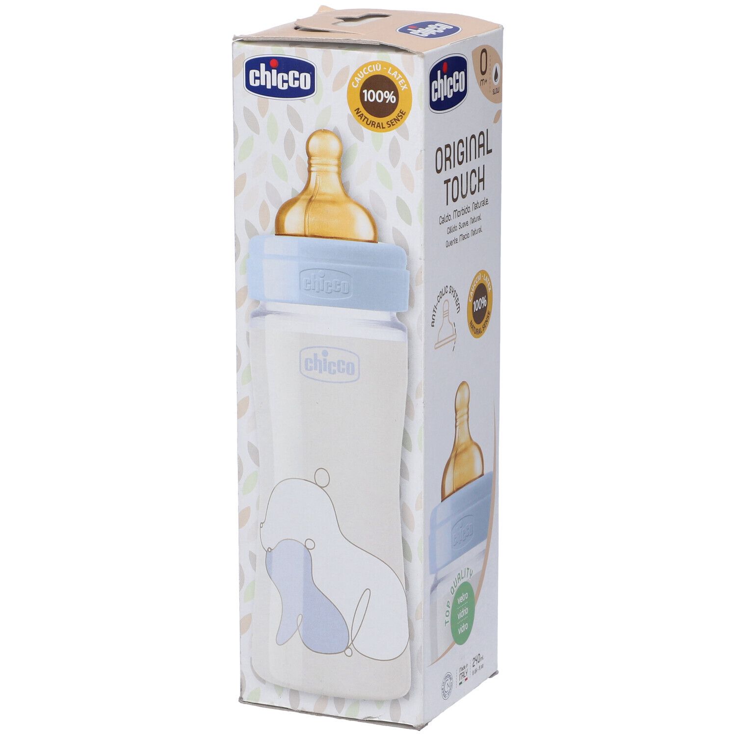 Confezione del biberon. Scritte: Chicco, Original Touch, 100% Natural Sense, Anti-colic System. Biberon e animali visibili.