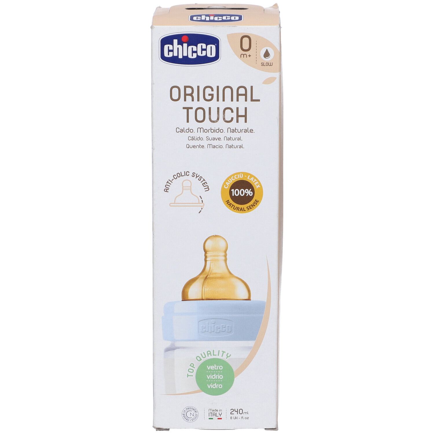 Confezione del biberon. Scritte: Chicco, Original Touch, 100% Natural Sense, Anti-colic System. Biberon visibile.
