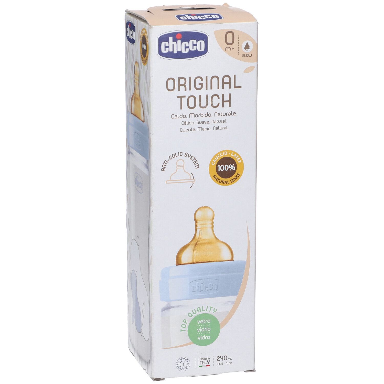Confezione del biberon. Scritte: Chicco, Original Touch, 100% Natural Sense, Anti-colic System. Biberon visibile.
