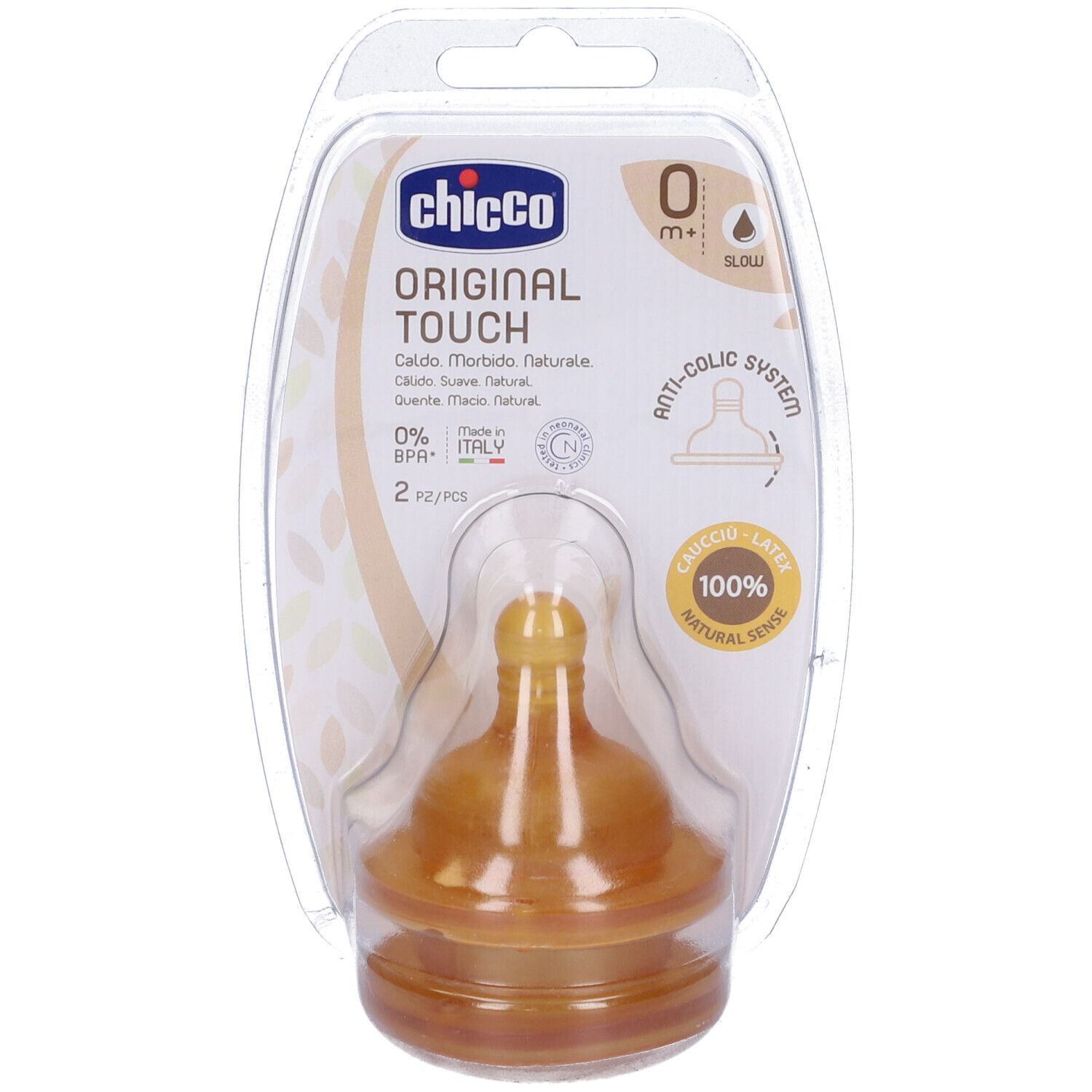 Confezione con due tettarelle. Marchio Chicco, Original Touch. 0m+, sistema anti-colica.