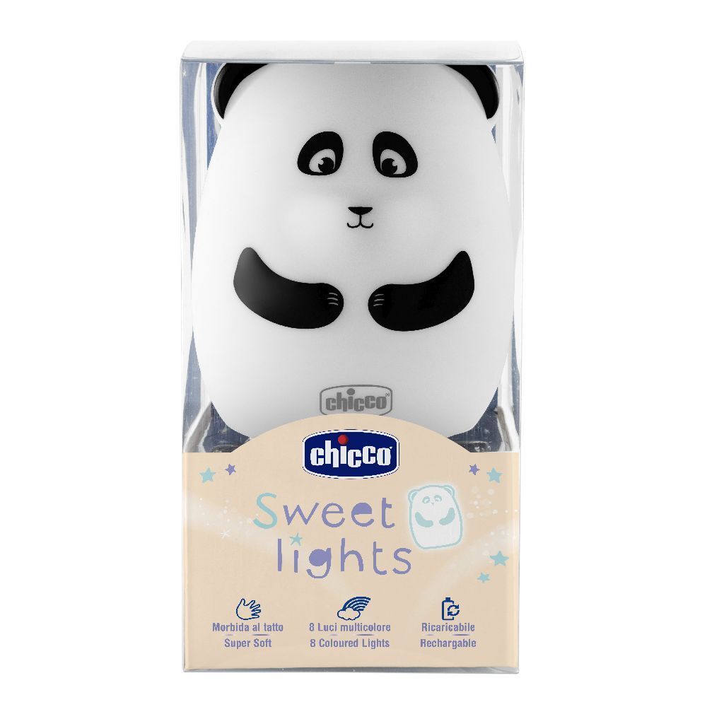 Luce notturna a forma di panda in confezione. Bianca, nera, superficie morbida. Marchio Chicco, Sweet Lights. 8 luci colorate, ricaricabile.