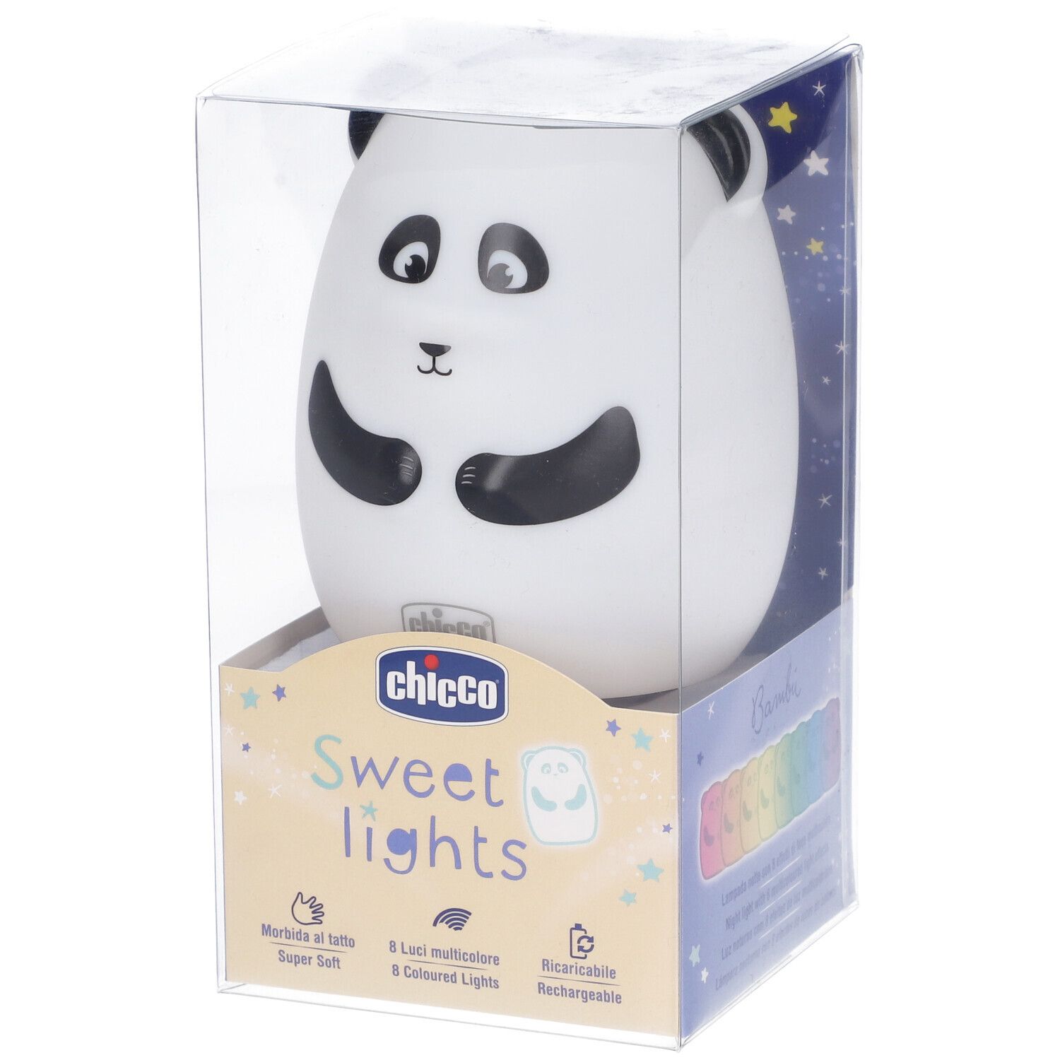 Luce notturna a forma di panda in confezione. Bianca, nera, superficie morbida. Marchio Chicco, Sweet Lights. 8 luci colorate, ricaricabile.
