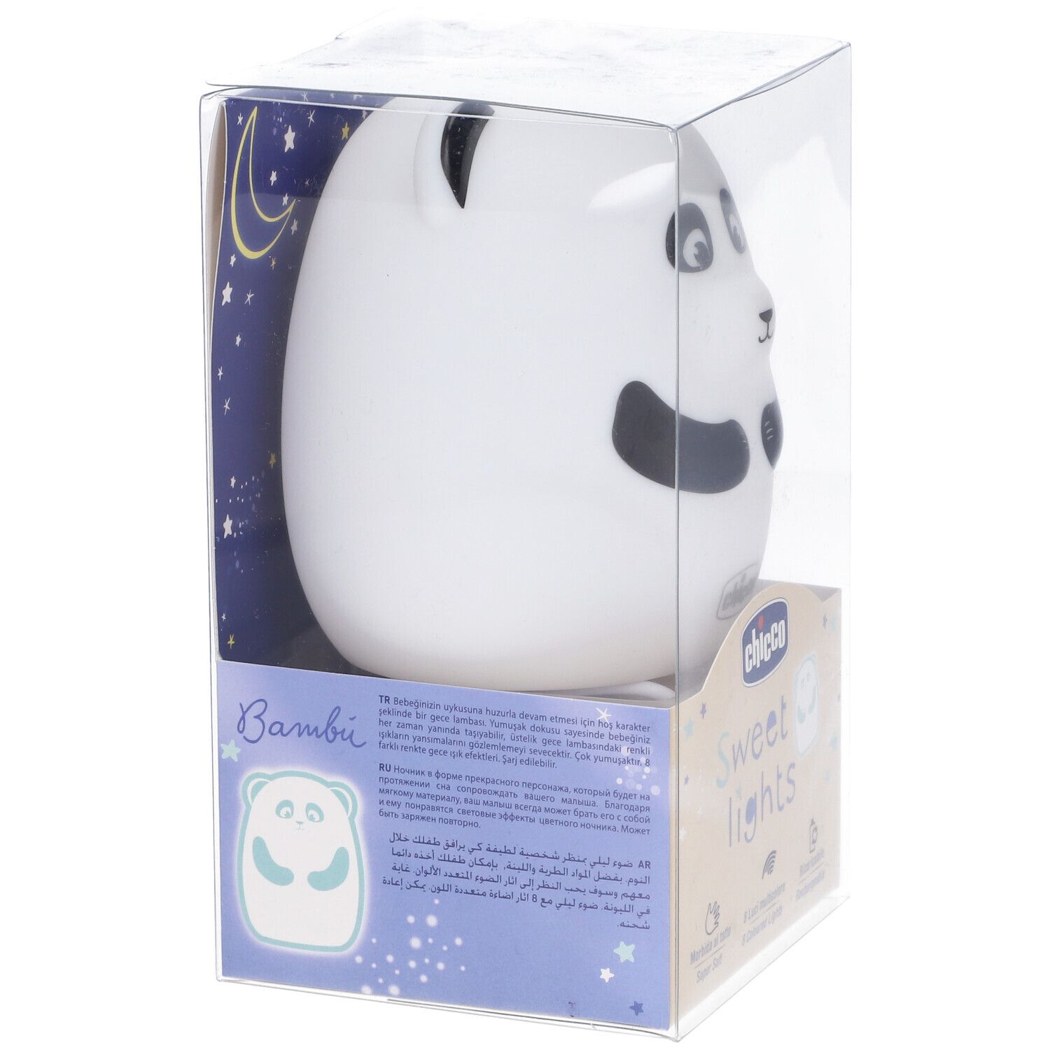 Luce notturna a forma di panda in confezione. Bianca, nera, superficie morbida. Marchio Chicco, Sweet Lights. 8 luci colorate, ricaricabile.