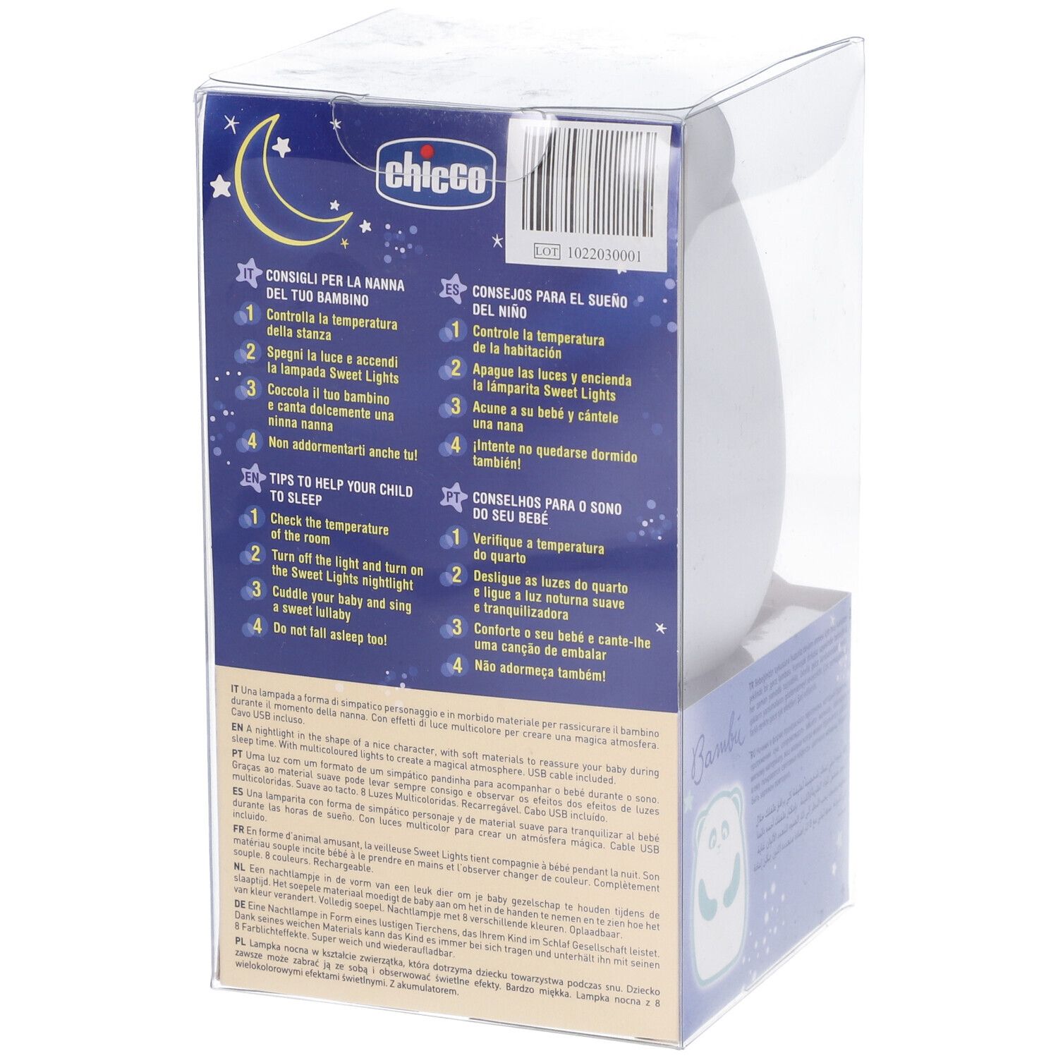 Retro della confezione. Luce notturna a forma di panda. Marchio Chicco. Consigli per il sonno del bambino. Testo multilingue.