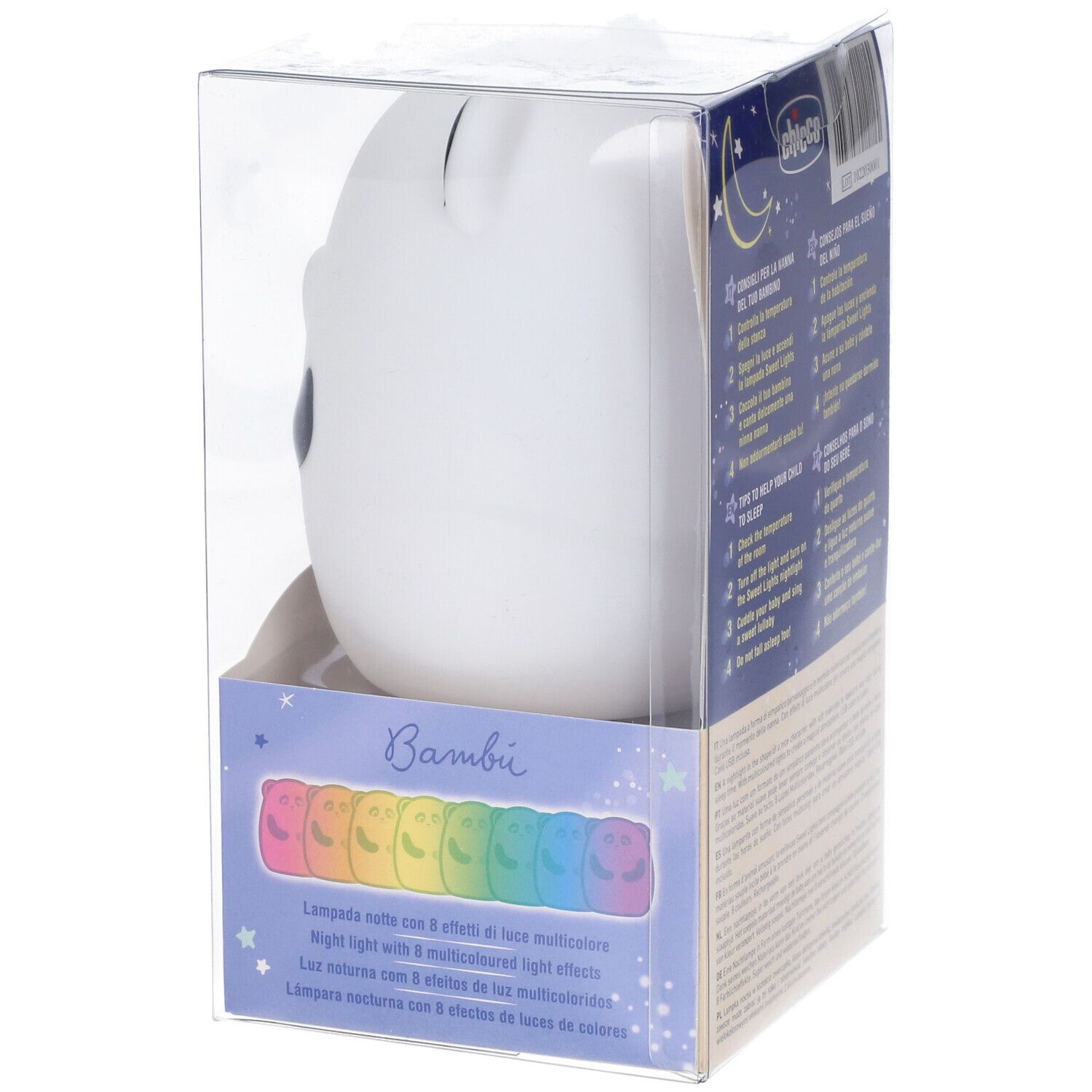 Luce notturna a forma di panda in confezione. Marchio Chicco. 8 luci colorate. Testo multilingue. Design Bambi.