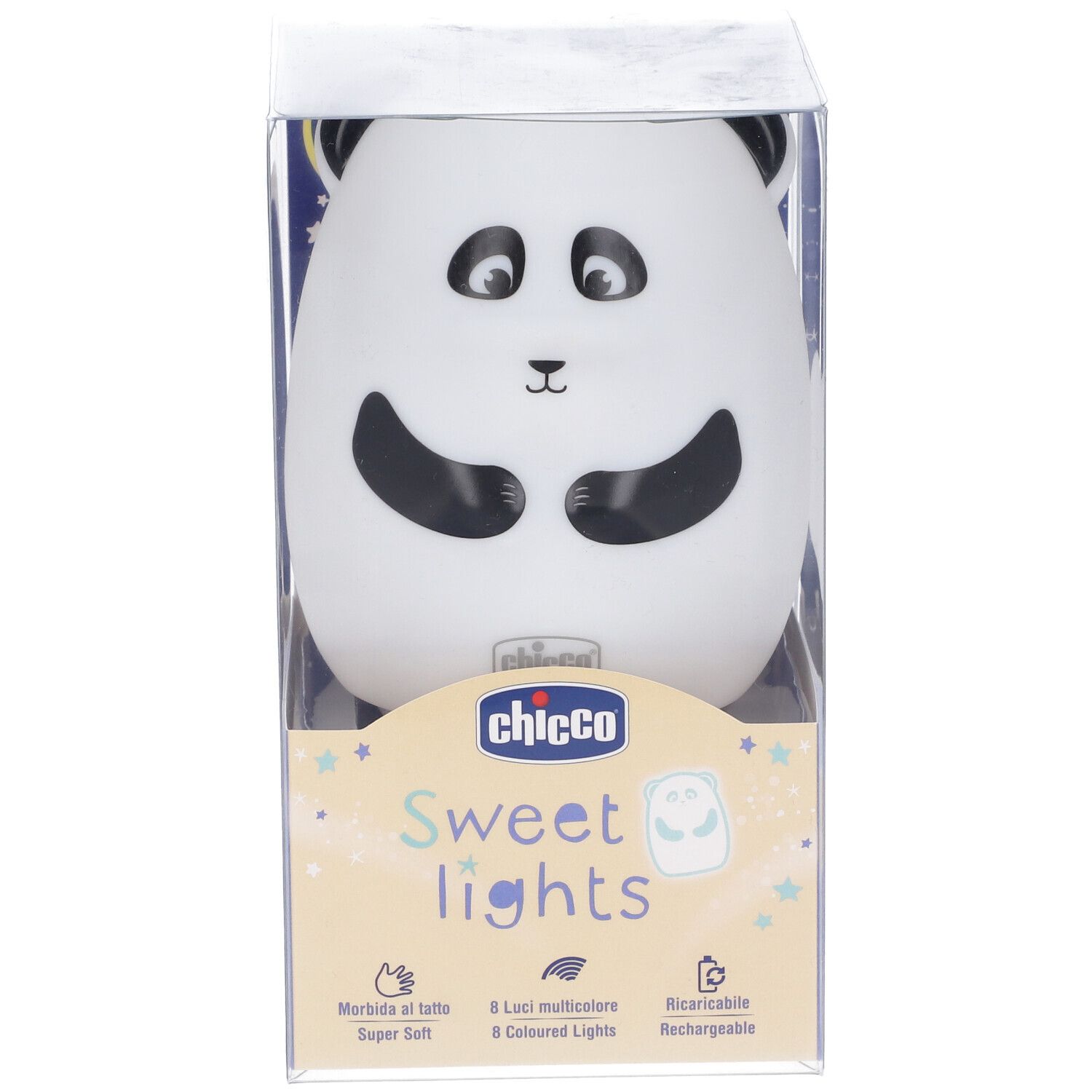 Luce notturna a forma di panda in confezione. Bianca, nera, superficie morbida. Marchio Chicco, Sweet Lights. 8 luci colorate, ricaricabile.