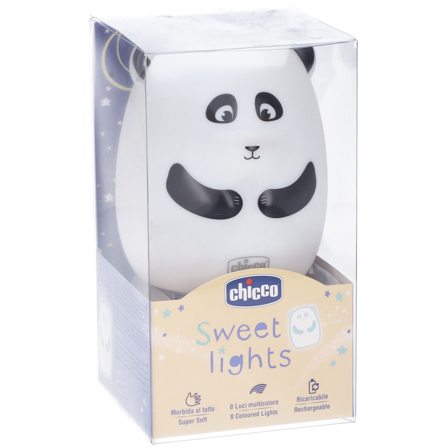 Luce notturna a forma di panda in confezione. Bianca, nera, superficie morbida. Marchio Chicco, Sweet Lights. 8 luci colorate, ricaricabile.