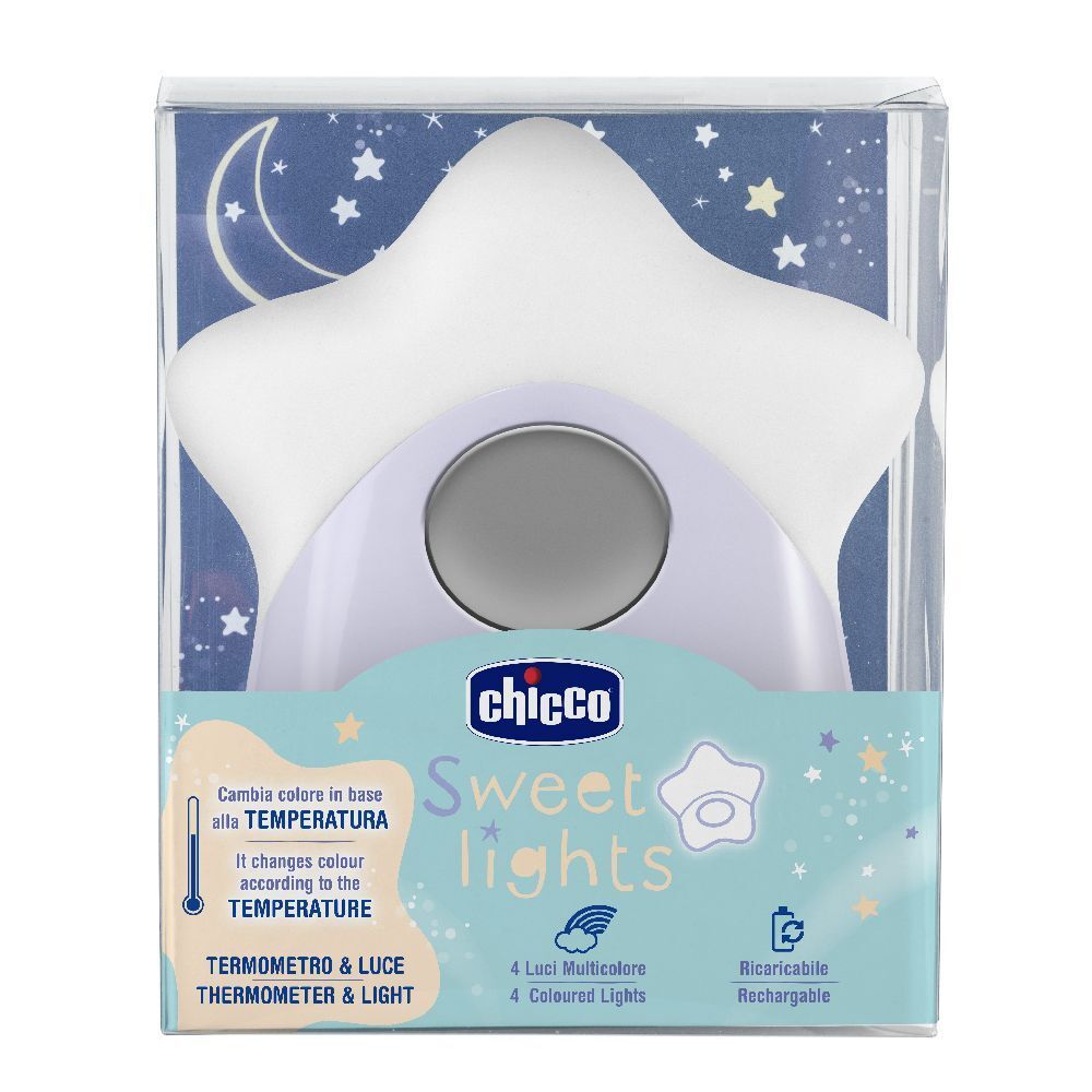Sternförmiges Nachtlicht in Verpackung. Mit Temperaturanzeige und farbigen Lichtern. Marke: Chicco. Verpackung mit Produktinformationen.