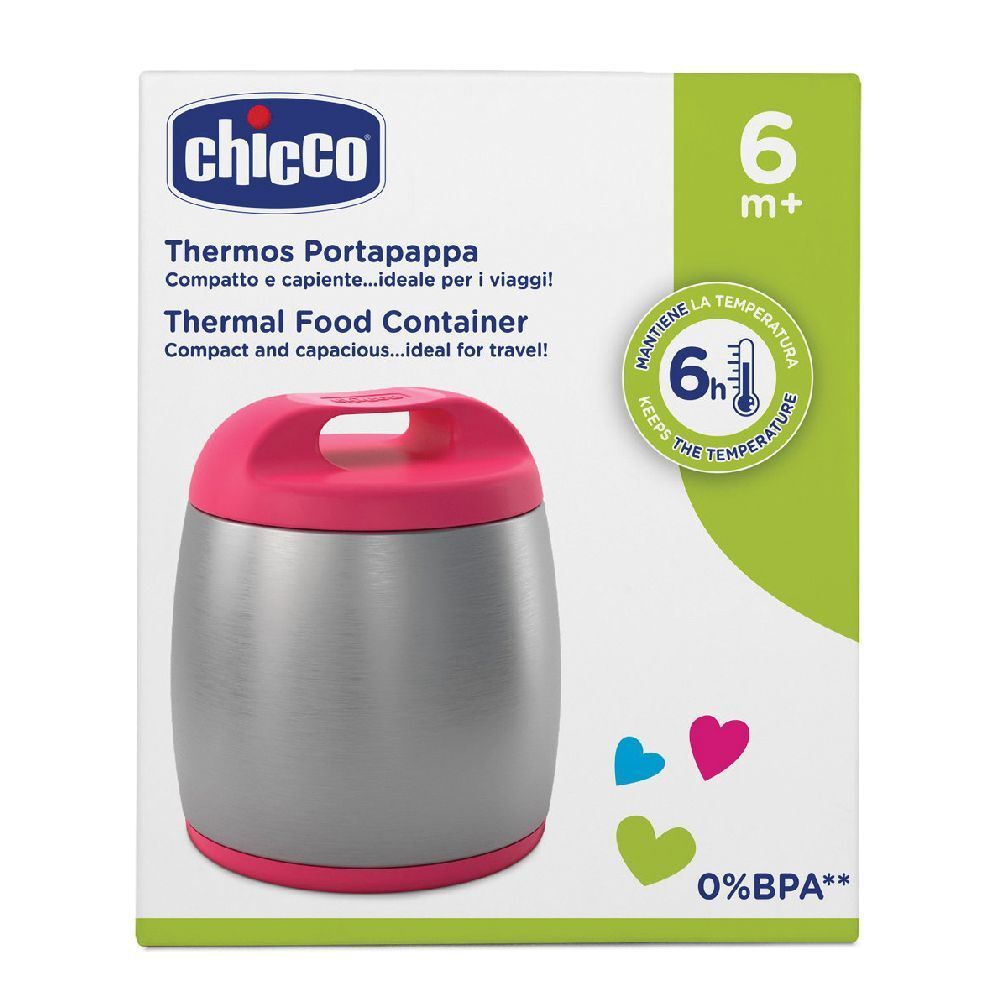 Thermos Porta Pappa Rosa Chicco. Contenitore in acciaio inox con coperchio e manico rosa. Confezione con immagine e testo.