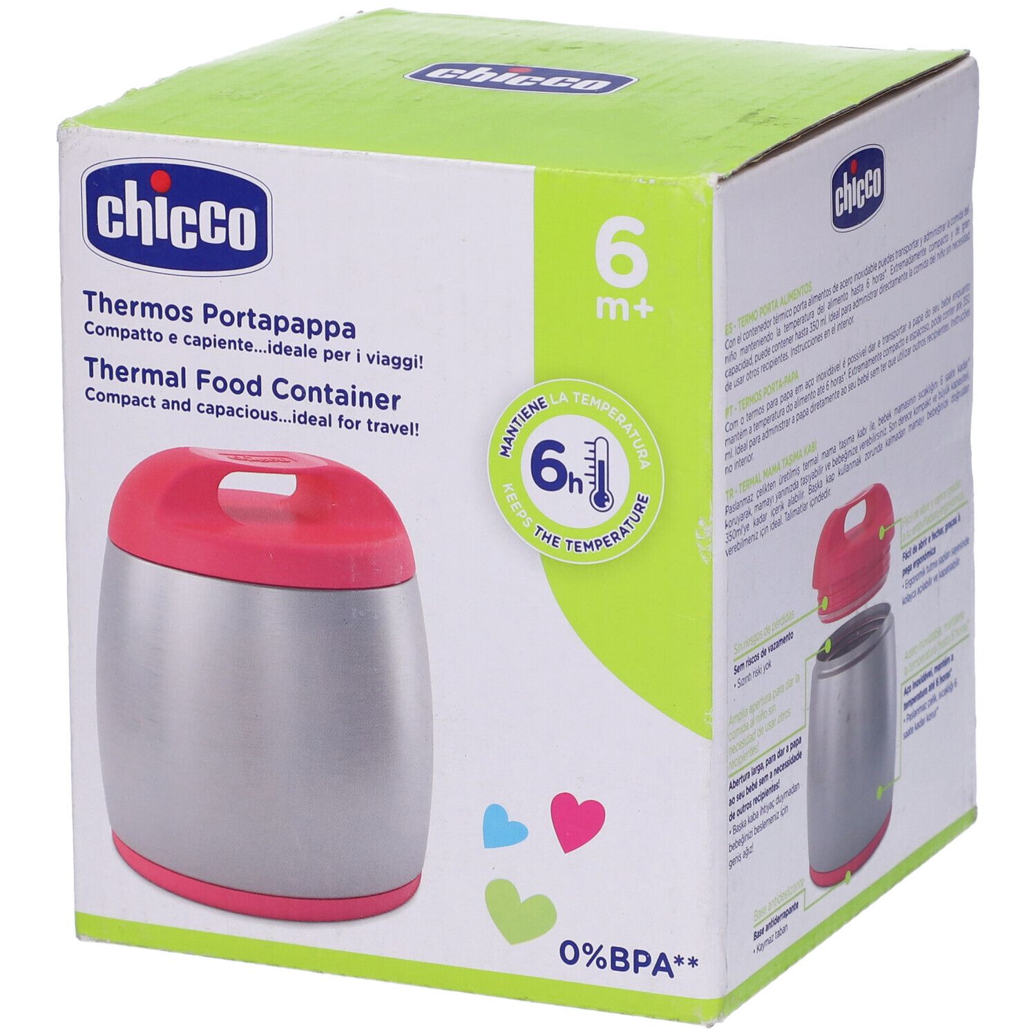 Thermos Porta Pappa Rosa Chicco in confezione. Contenitore con coperchio rosa, indicazione 6m+. Immagine e testo sulla scatola.