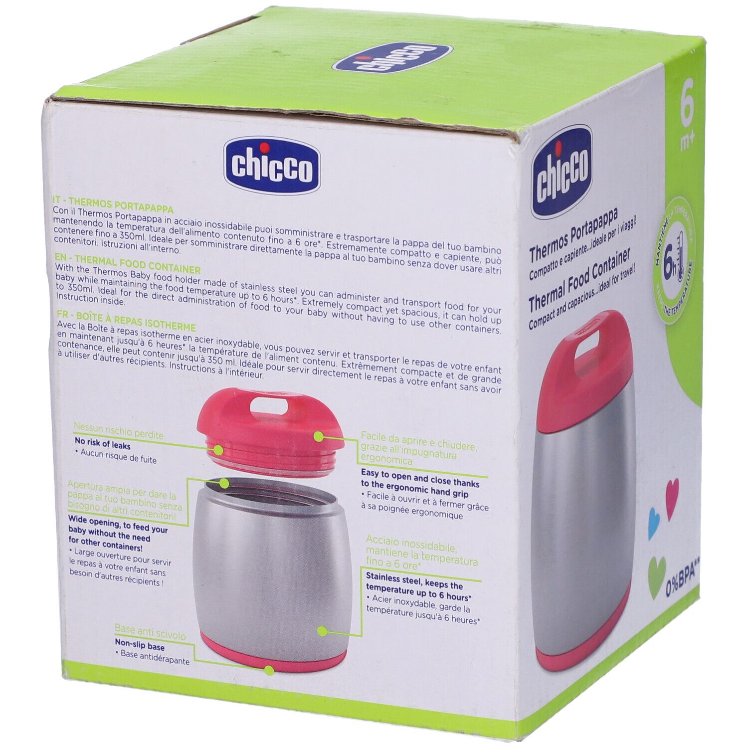 Thermos Porta Pappa Rosa Chicco in confezione. Scatola mostra prodotto e dettagli. Coperchio rosa, acciaio inox, 6m+.