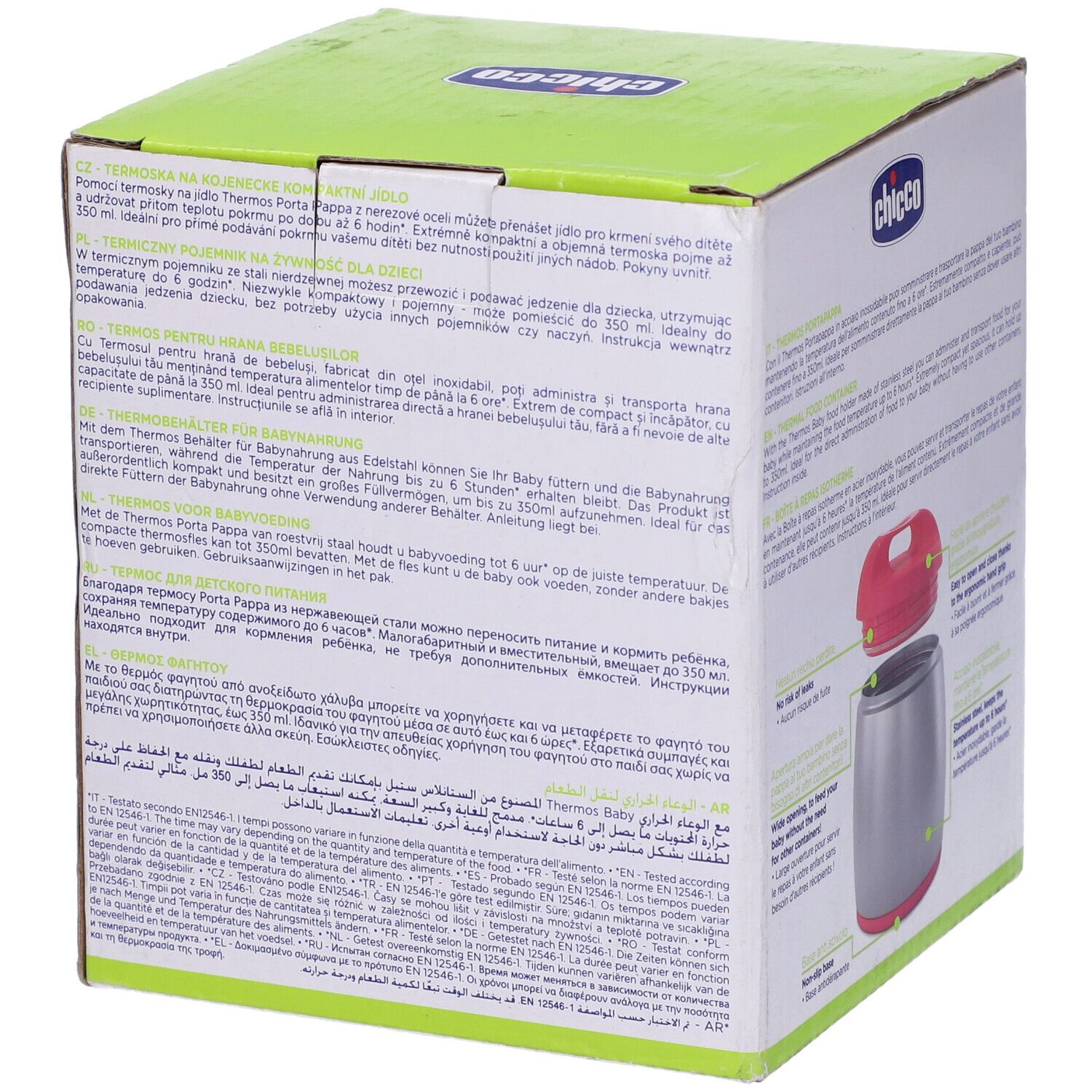 Thermos Porta Pappa Rosa Chicco in confezione. Scatola mostra prodotto e dettagli. Coperchio rosa, acciaio inox, 6m+.