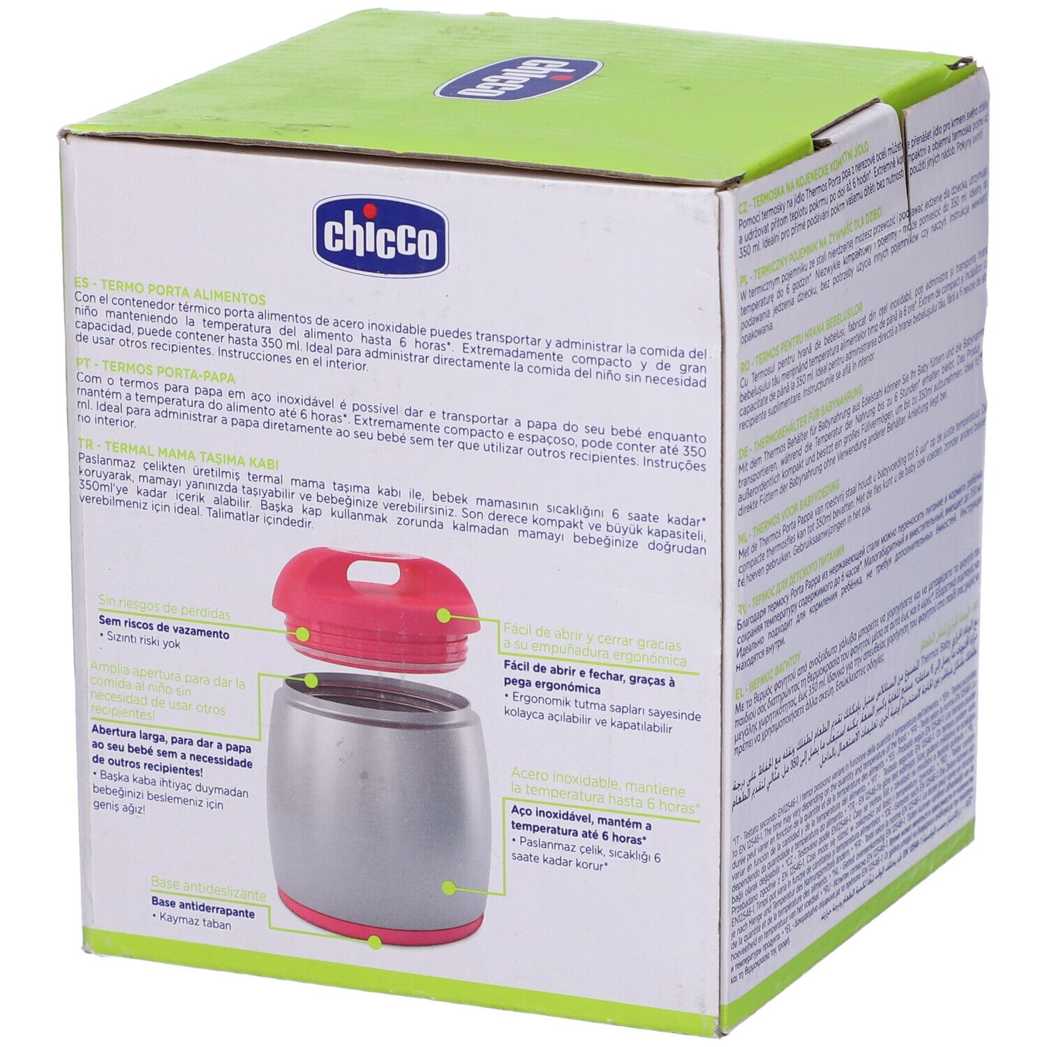 Thermos Porta Pappa Rosa Chicco in confezione. Scatola mostra prodotto e dettagli. Coperchio rosa, acciaio inox, 6m+.
