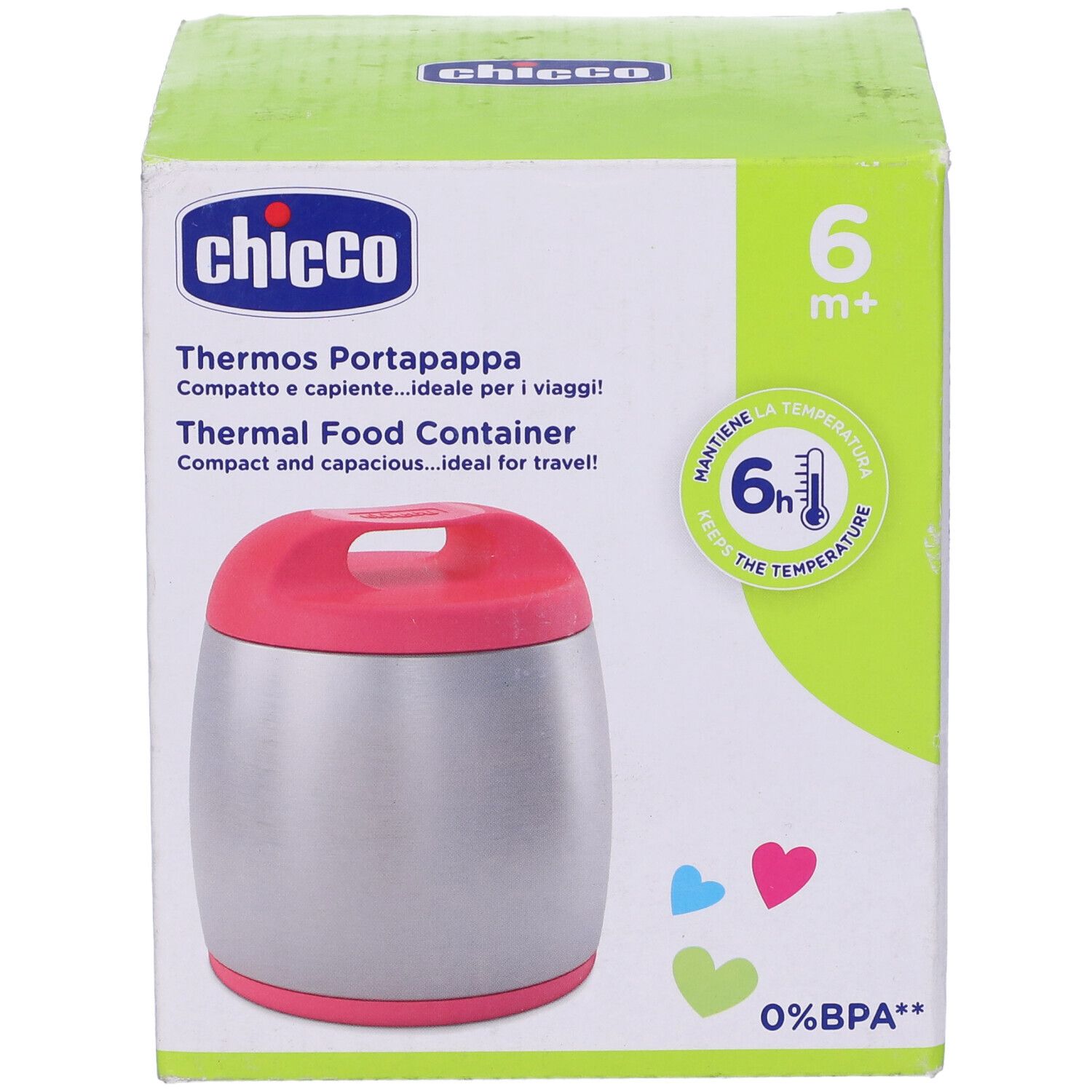Thermos Porta Pappa Rosa Chicco in confezione. Scatola mostra prodotto e dettagli. Coperchio rosa, acciaio inox, 6m+.