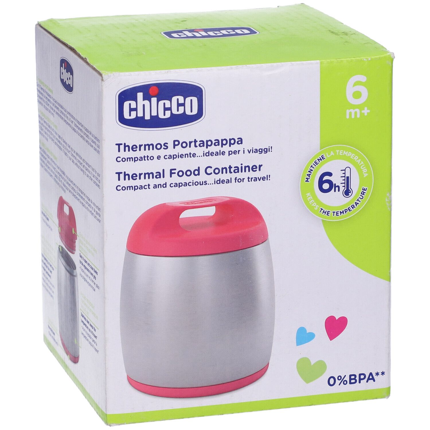 Thermos Porta Pappa Rosa Chicco. Contenitore in acciaio inox con coperchio e manico rosa. Confezione con immagine e testo.