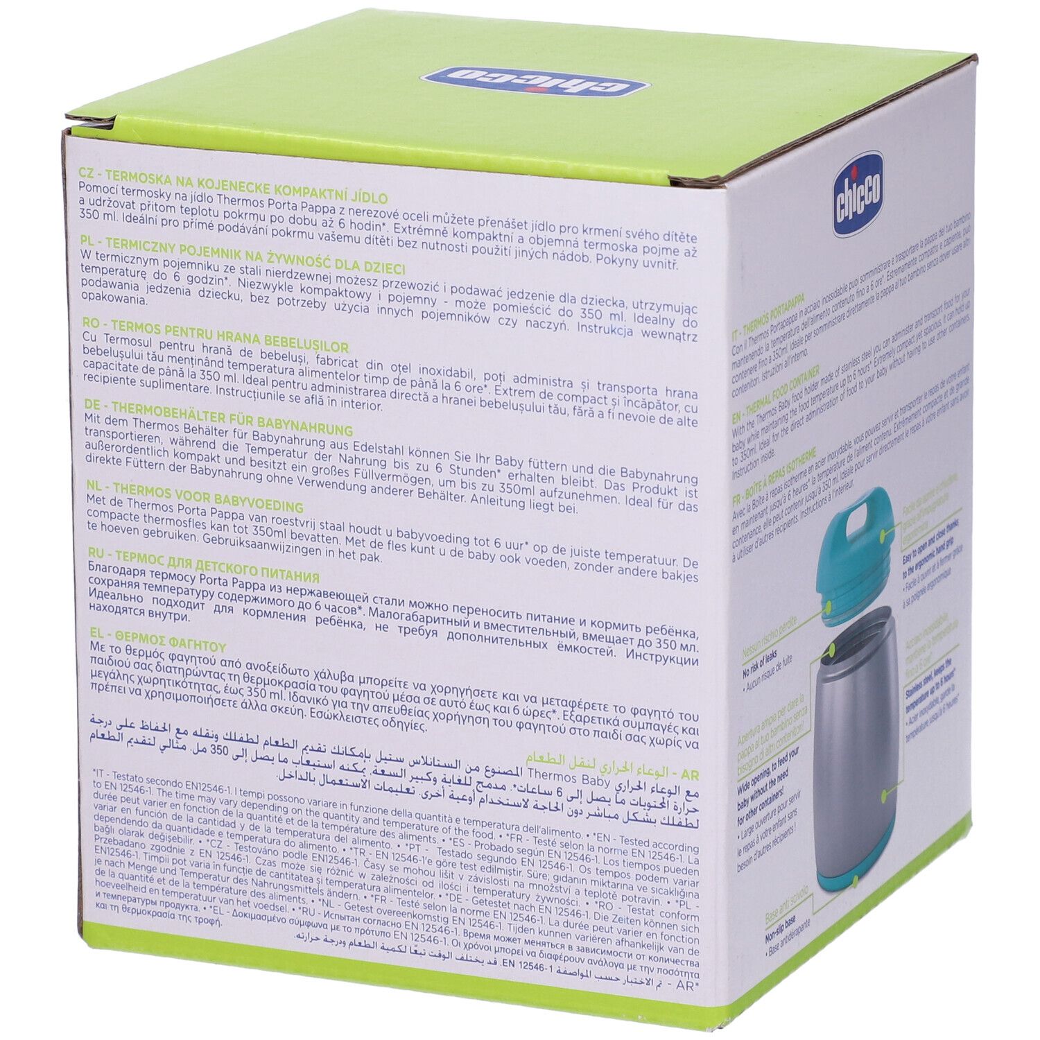 Confezione con contenitore termico grigio-turchese. Descrizione prodotto, 6h temperatura, 0% BPA.