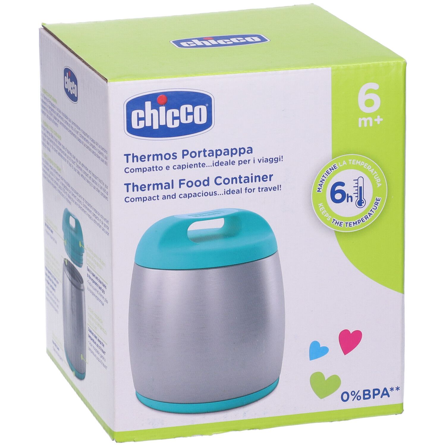 Confezione con contenitore termico grigio-turchese. Logo, testo, 6m+ e cuori. 6h temperatura.