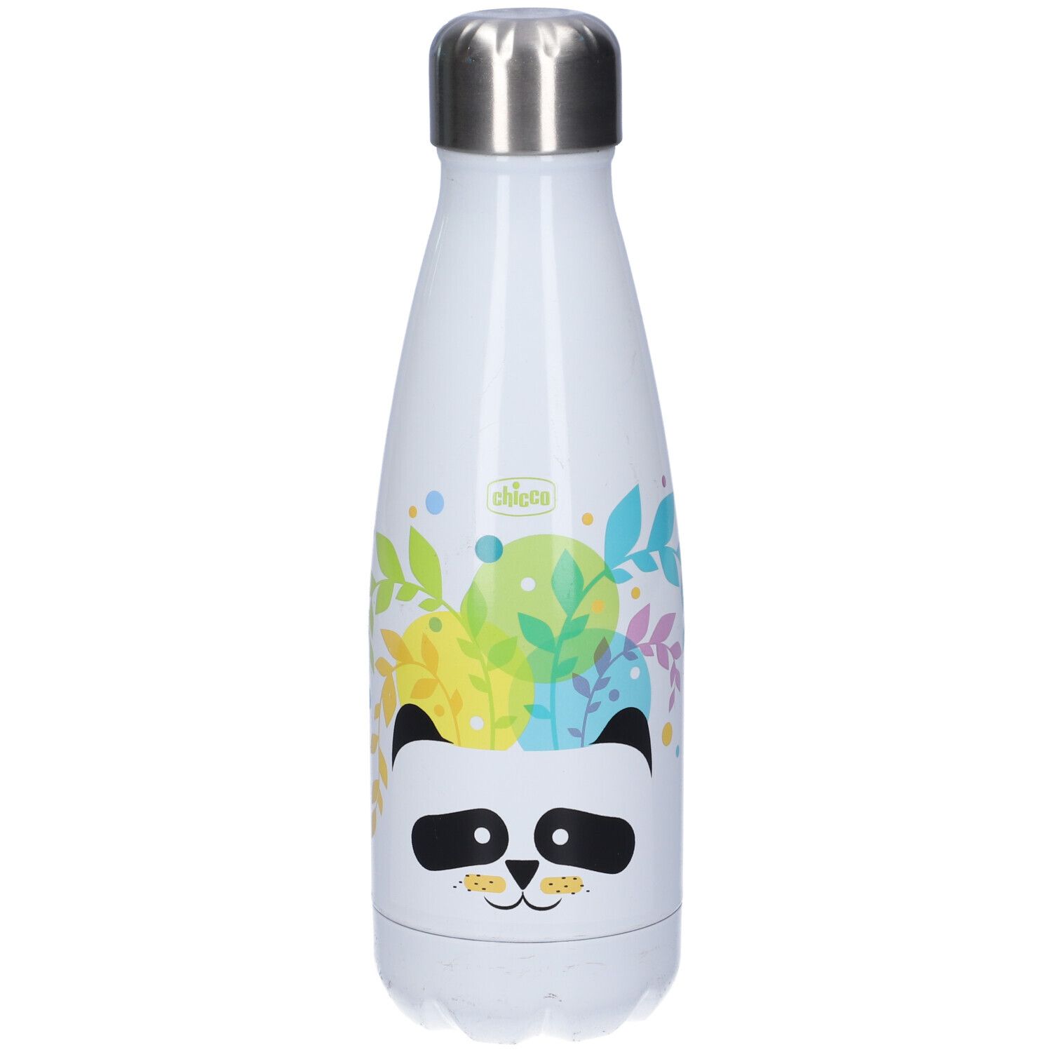 Borraccia bianca con design panda e tappo argentato. Stampa con volto di panda e foglie. Marchio Chicco.