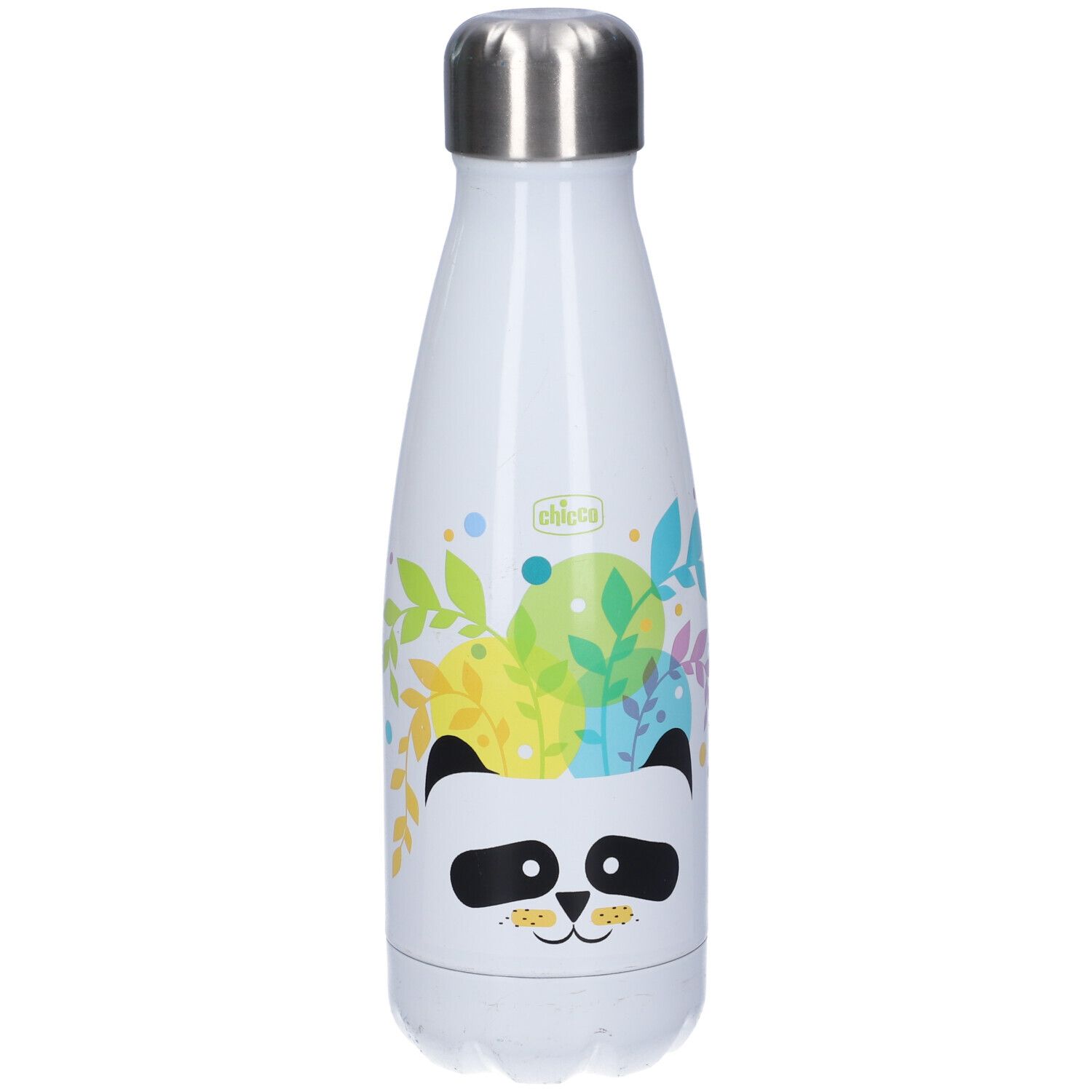 Borraccia bianca con design panda e tappo argentato. Stampa con volto di panda e foglie. Marchio Chicco.