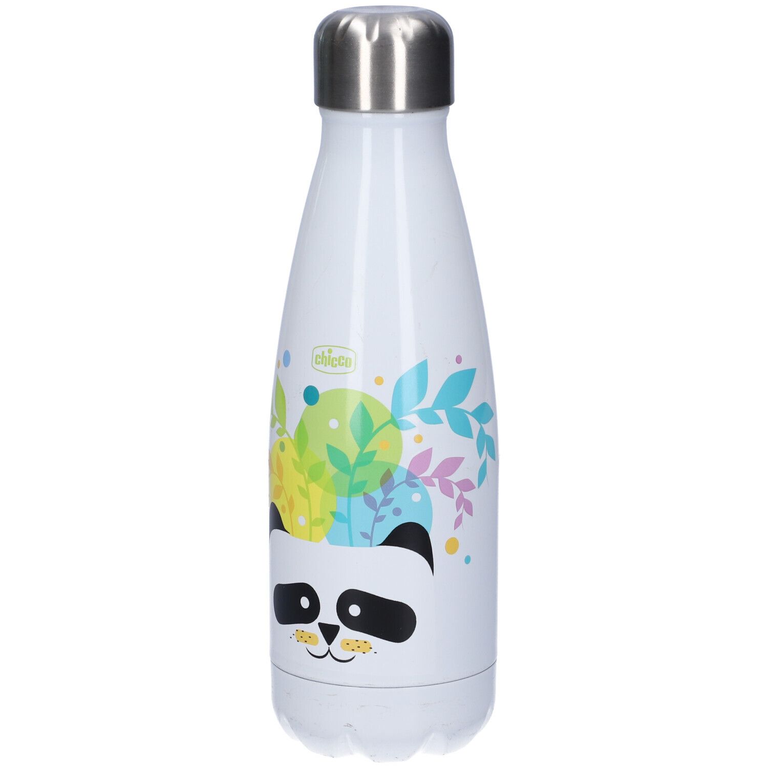 Borraccia bianca con design panda e tappo argentato. Stampa con volto di panda e foglie. Marchio Chicco.