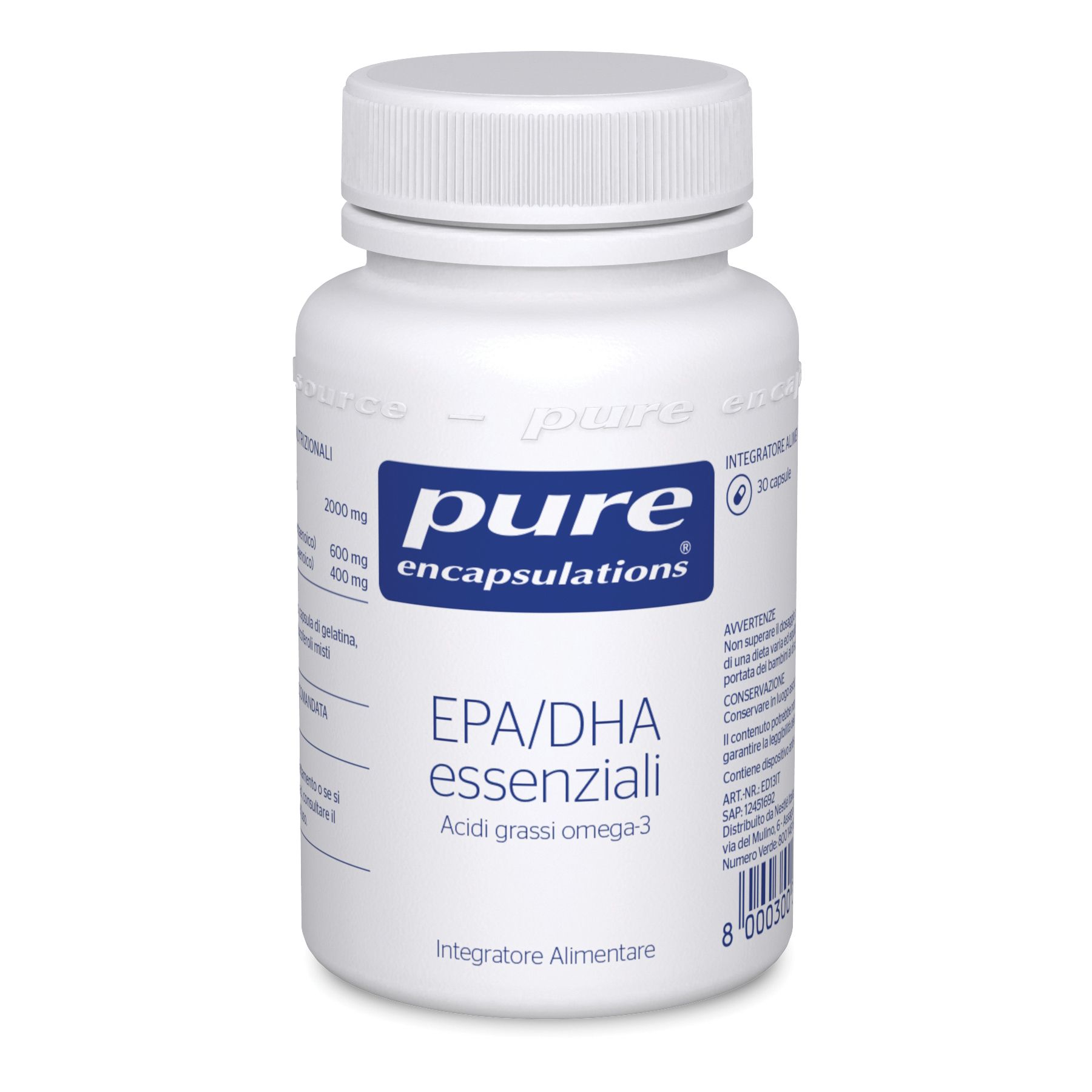 Flacone bianco con capsule. Scritta: Pure Encapsulations, EPA/DHA essenziali, Acidi grassi omega-3. 30 capsule.
