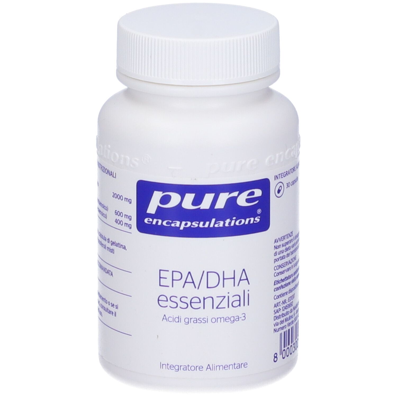 Flacone bianco con capsule. Scritta: Pure Encapsulations, EPA/DHA essenziali, Acidi grassi omega-3. 30 capsule.