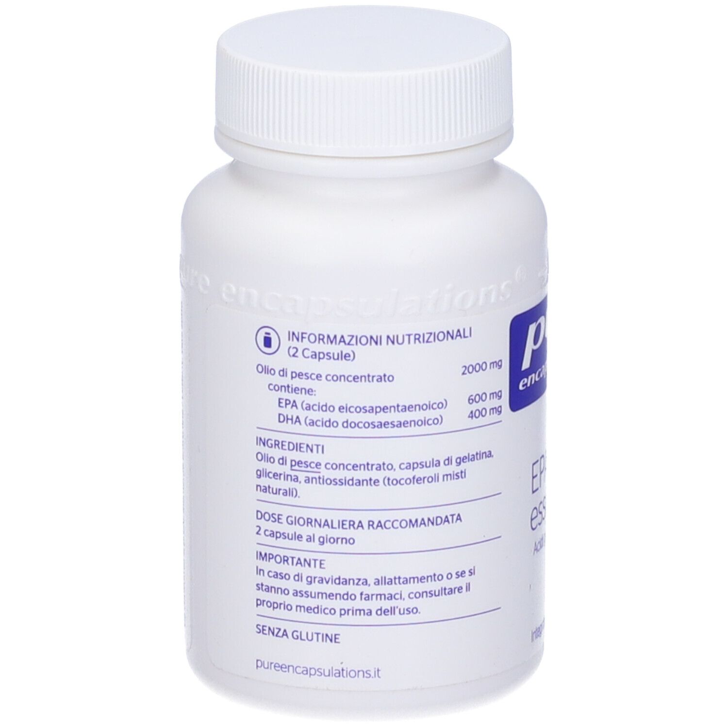 Retro di un flacone bianco con capsule. Informazioni sugli ingredienti e valori nutrizionali. Testo in italiano.