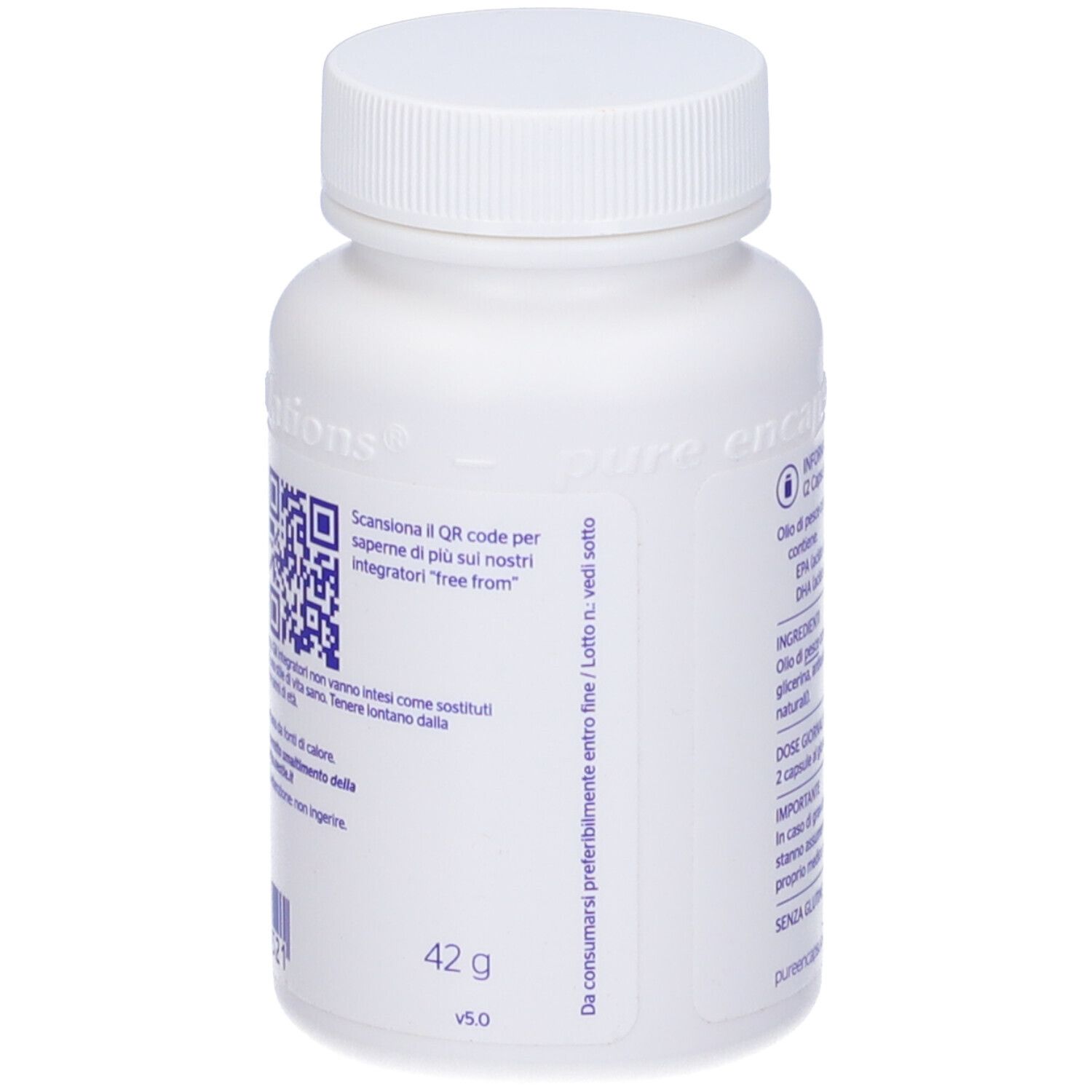 Retro di un flacone bianco con capsule. Codice QR e testo. Peso: 42 g. Testo in italiano.