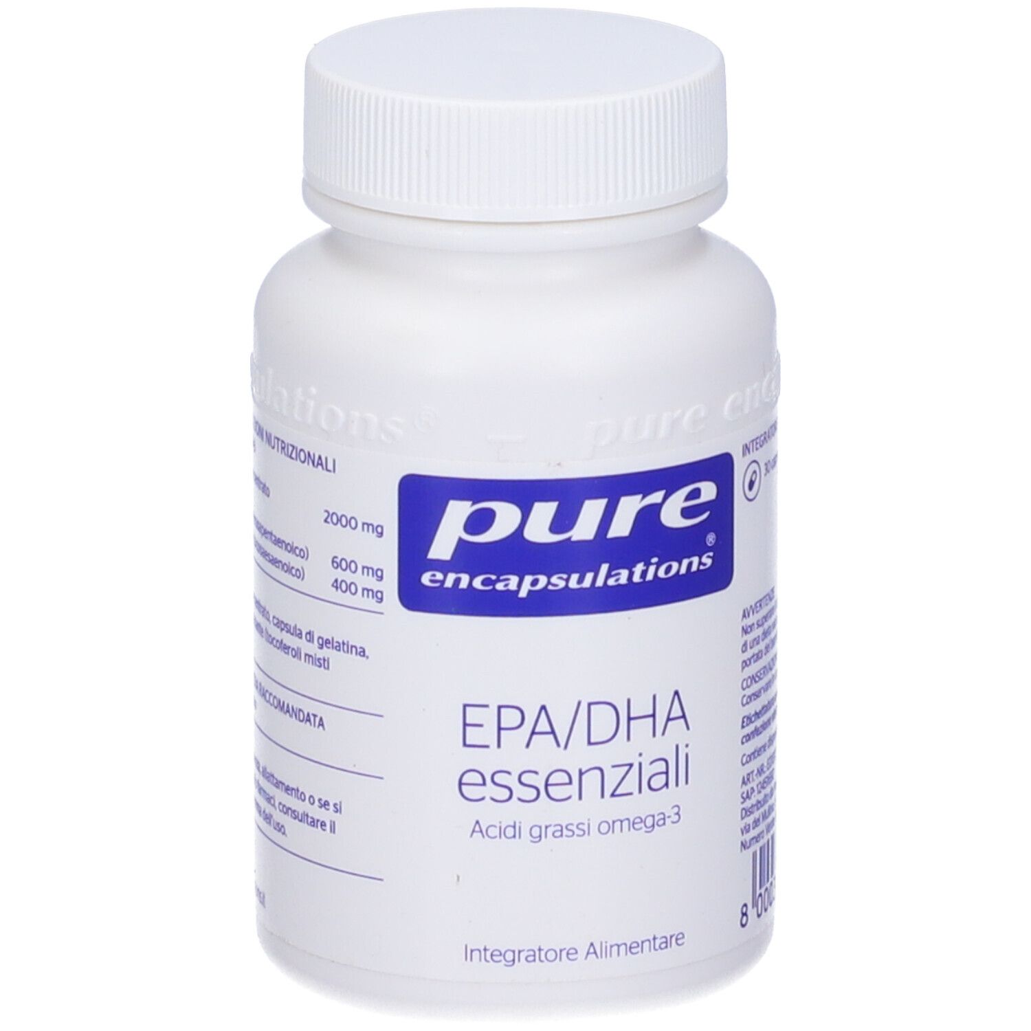Flacone bianco con capsule. Scritta: Pure Encapsulations, EPA/DHA essenziali, Acidi grassi omega-3. 30 capsule.