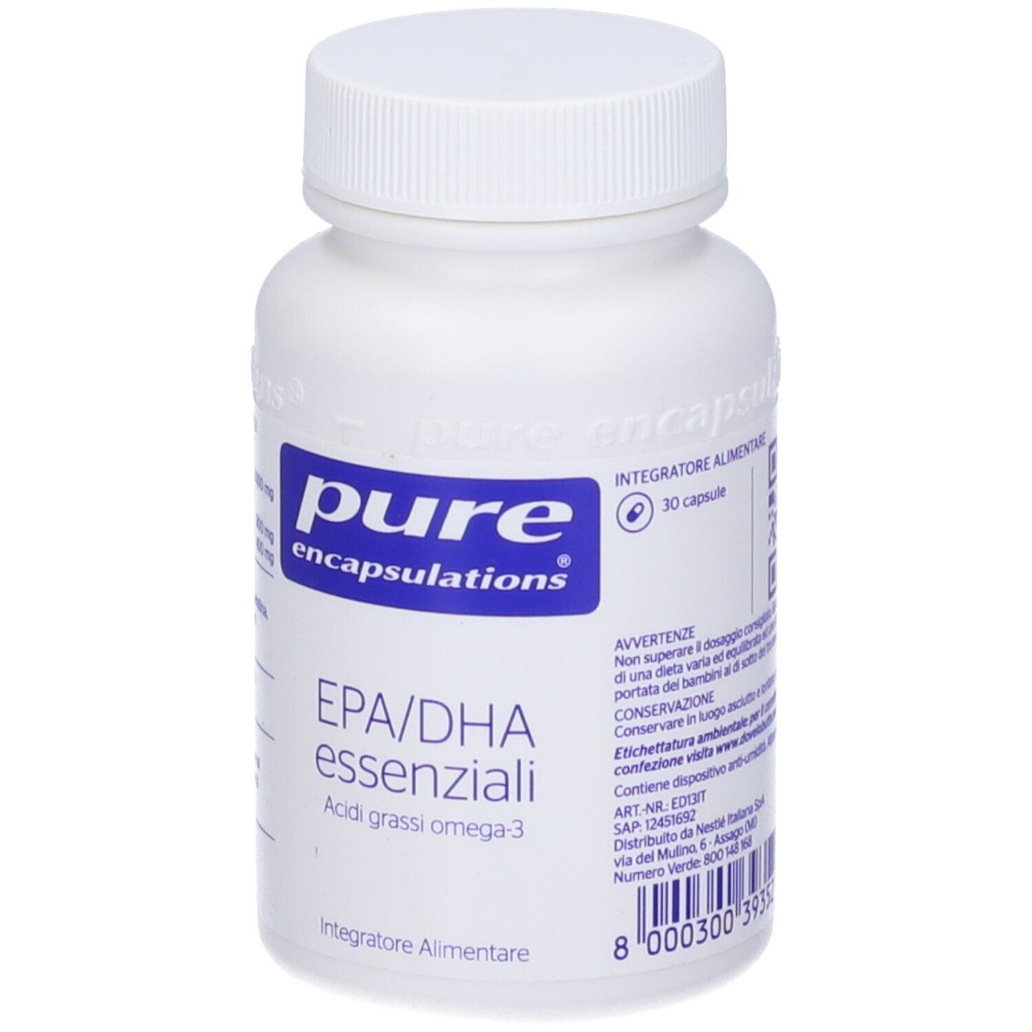 Flacone bianco con capsule. Scritta: Pure Encapsulations, EPA/DHA essenziali, Acidi grassi omega-3. 30 capsule.